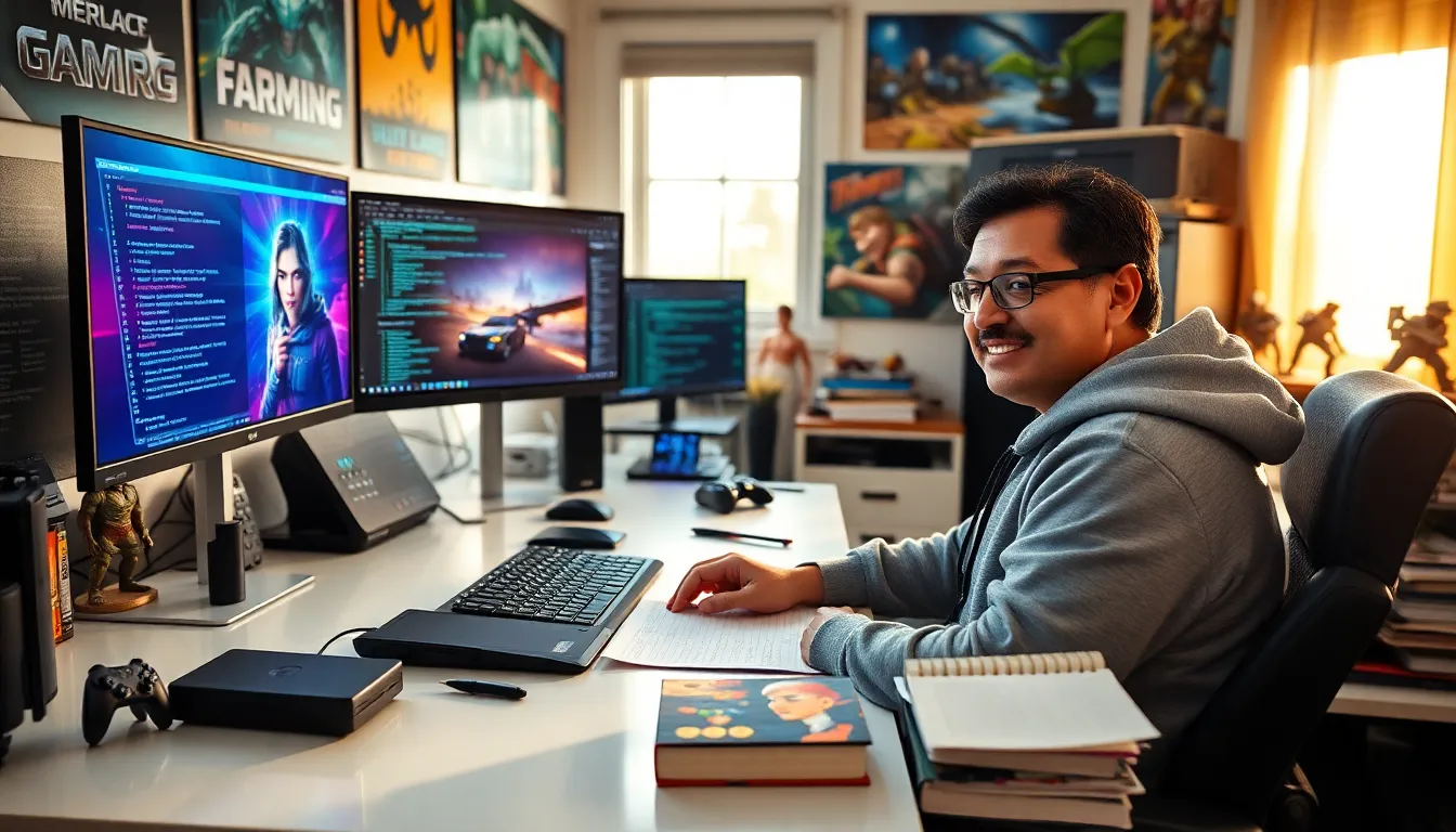 Larry Nando working on gaming guides in his stylish home office.
