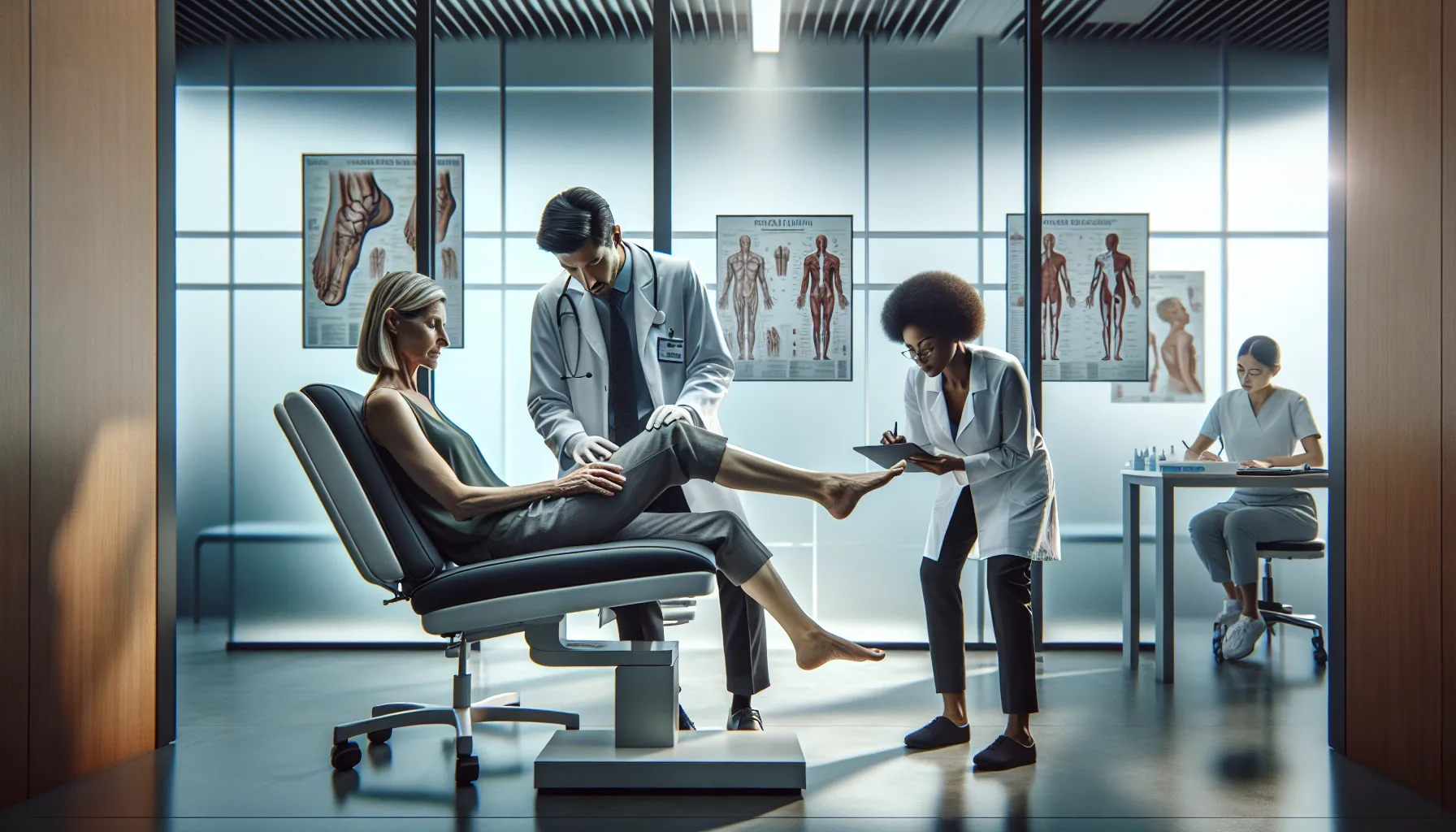 healthcare professionals evaluating a patient's foot in a modern clinic.