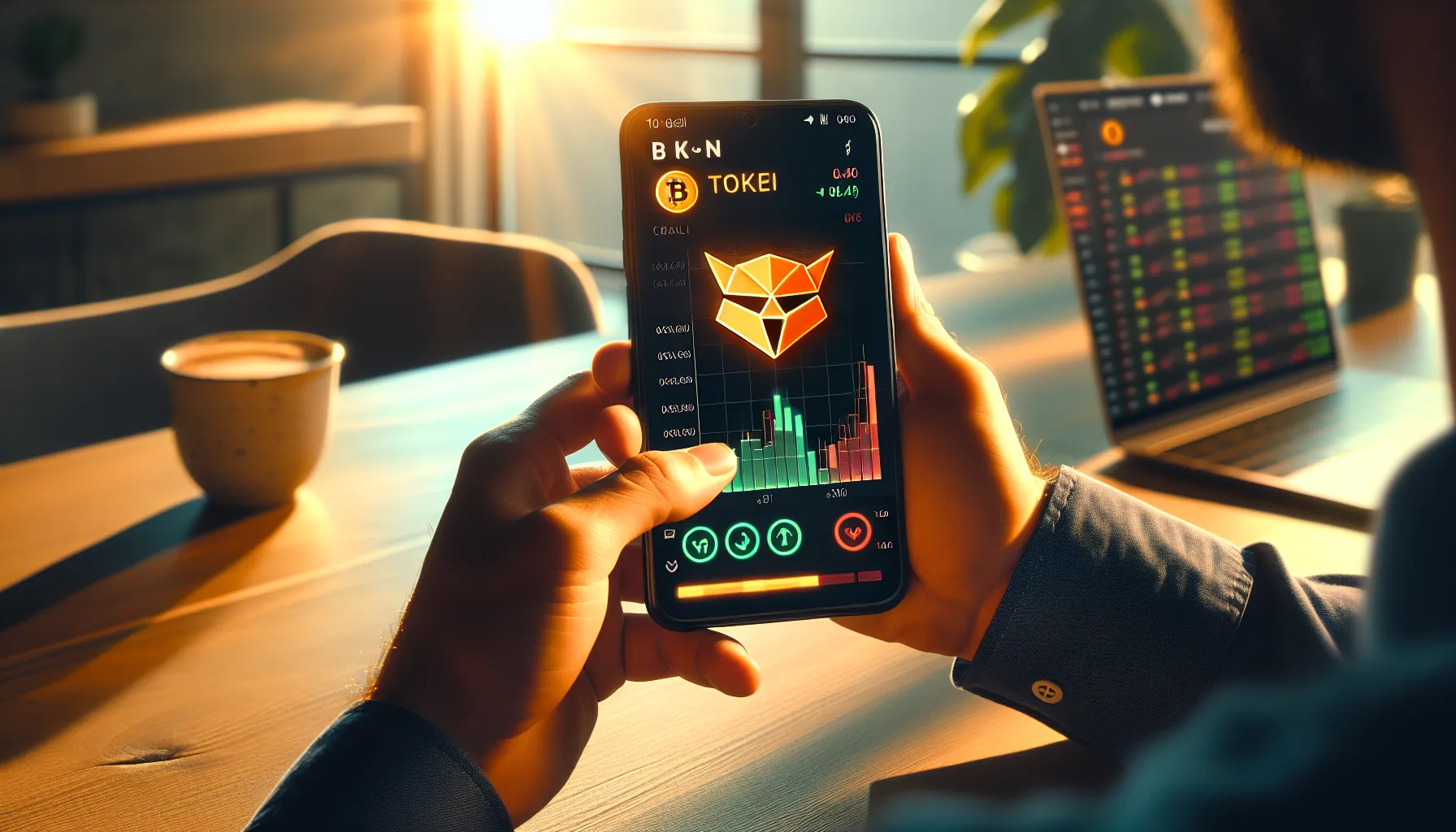Person holding smartphone showing Floki Inu cryptocurrency trading chart and buy-sell interface.