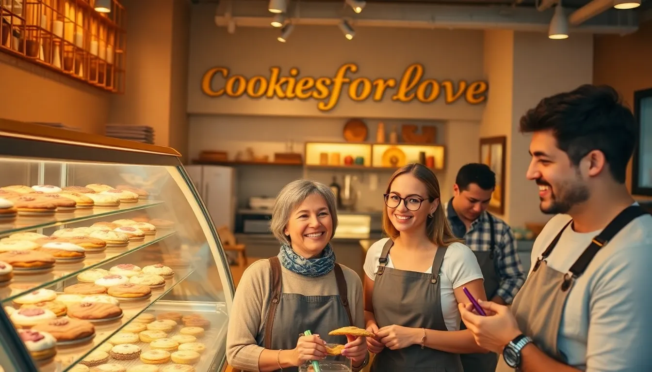 customers choosing cookies in a warm, inviting bakery.