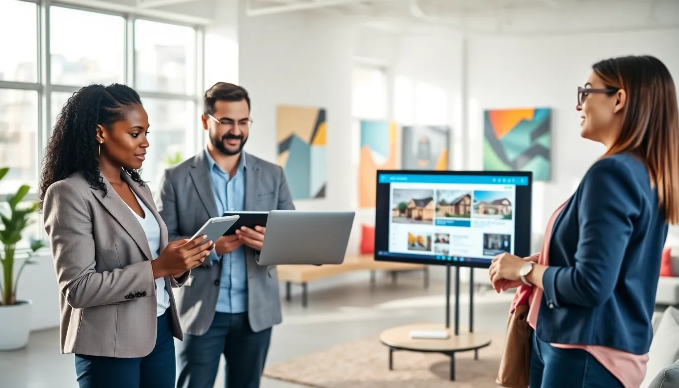 diverse real estate agents collaborating in a modern office space.