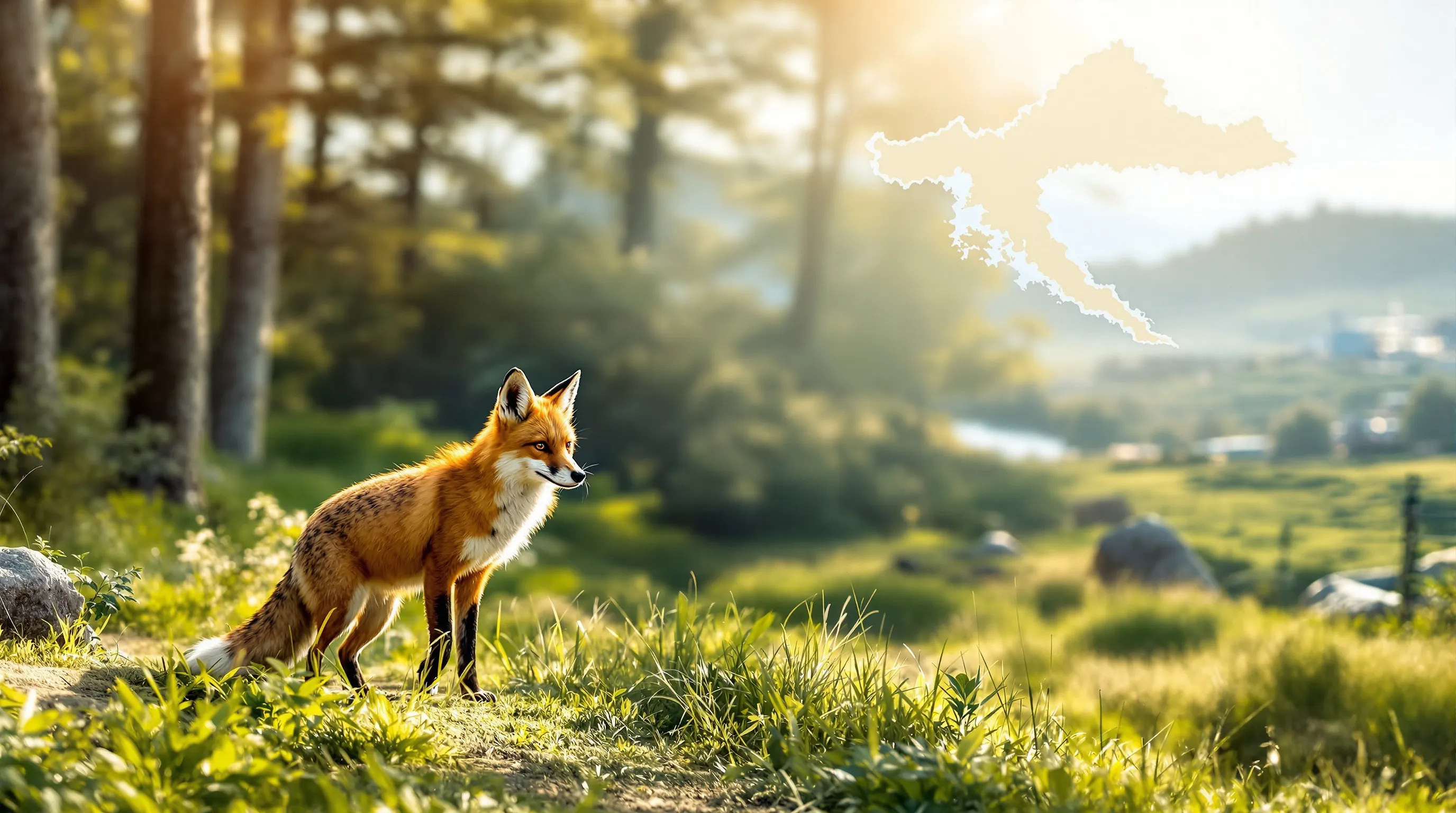 Red fox before vignettes of Croatian habitats, from coast to mountains.