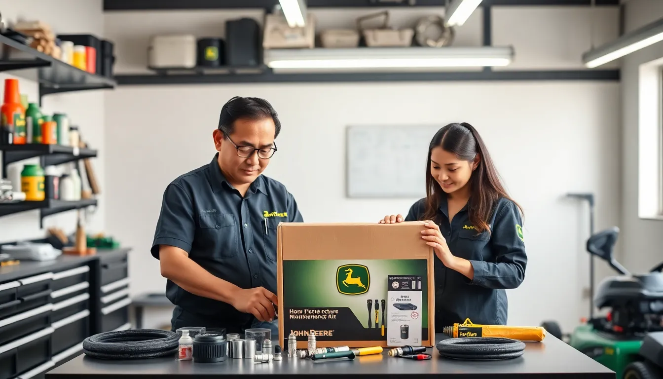 diverse team assembling a John Deere Home Maintenance Kit in a modern workshop.