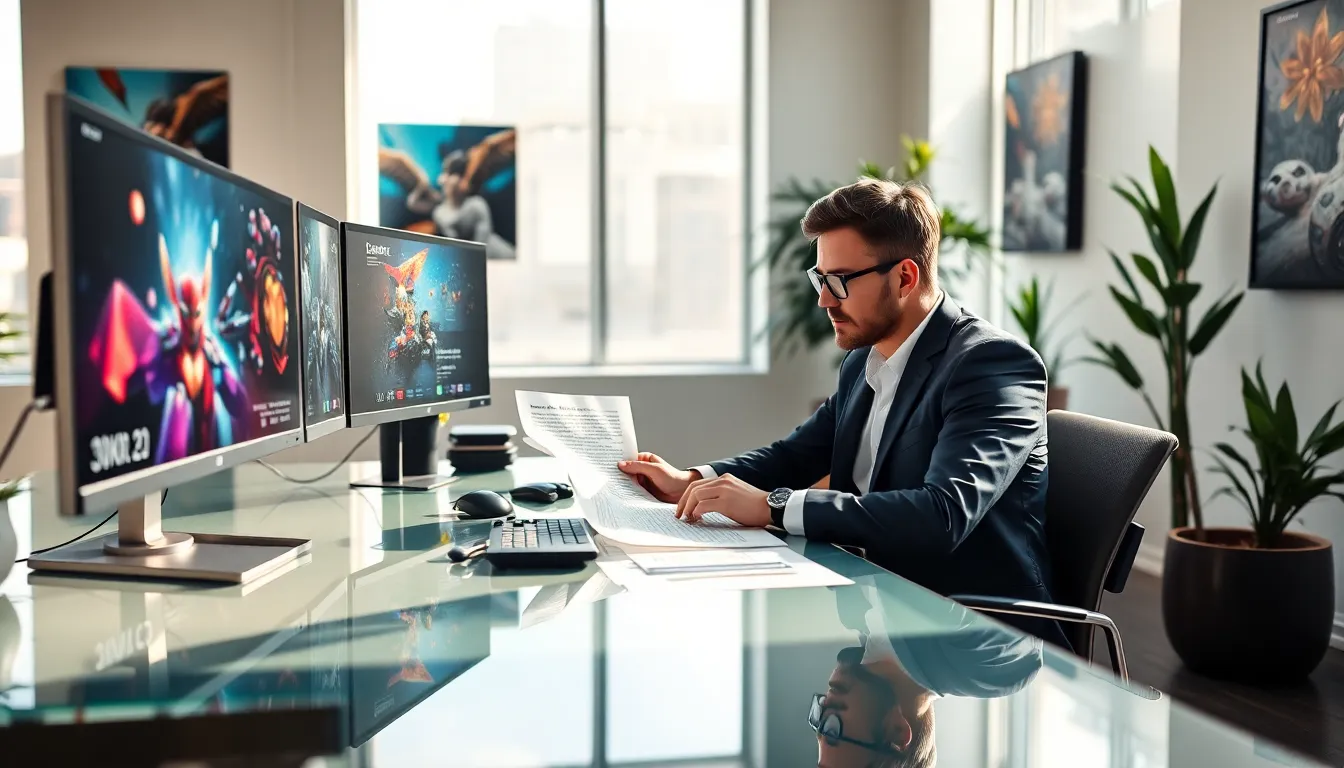 editor reviewing a gaming article in a modern office setting.