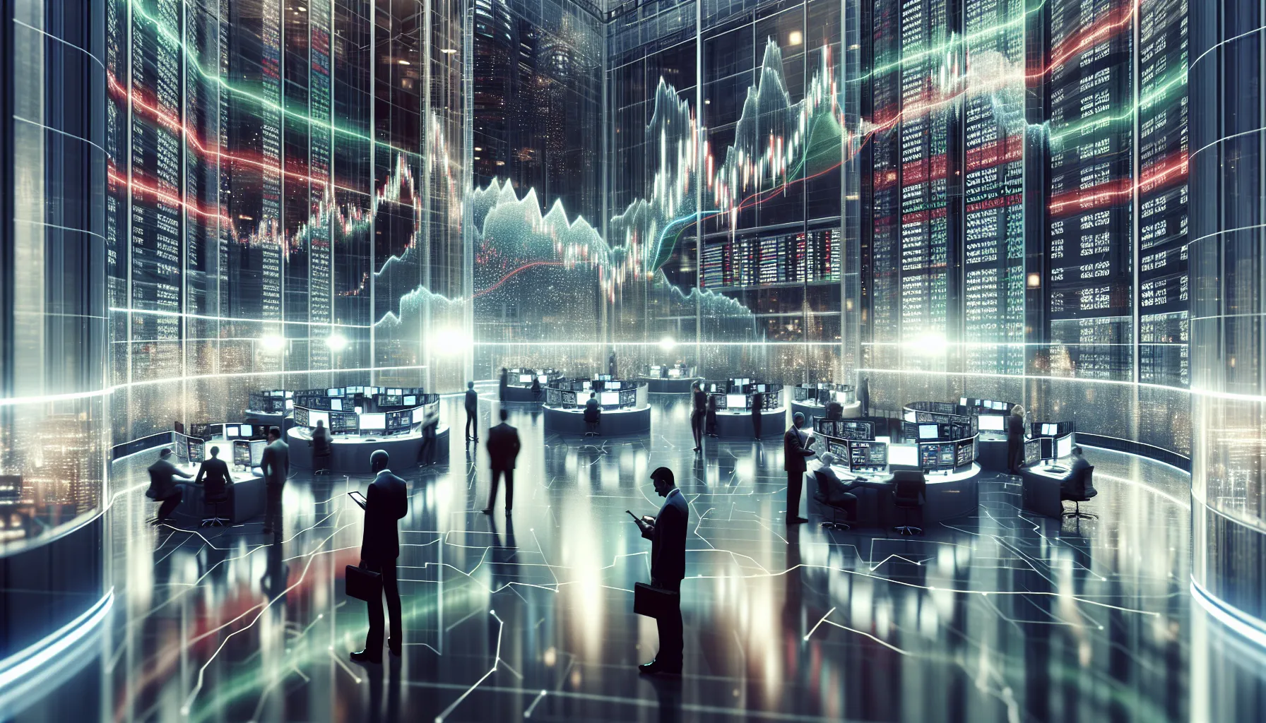 Traders observing fluctuating stock graphs in a modern financial exchange.