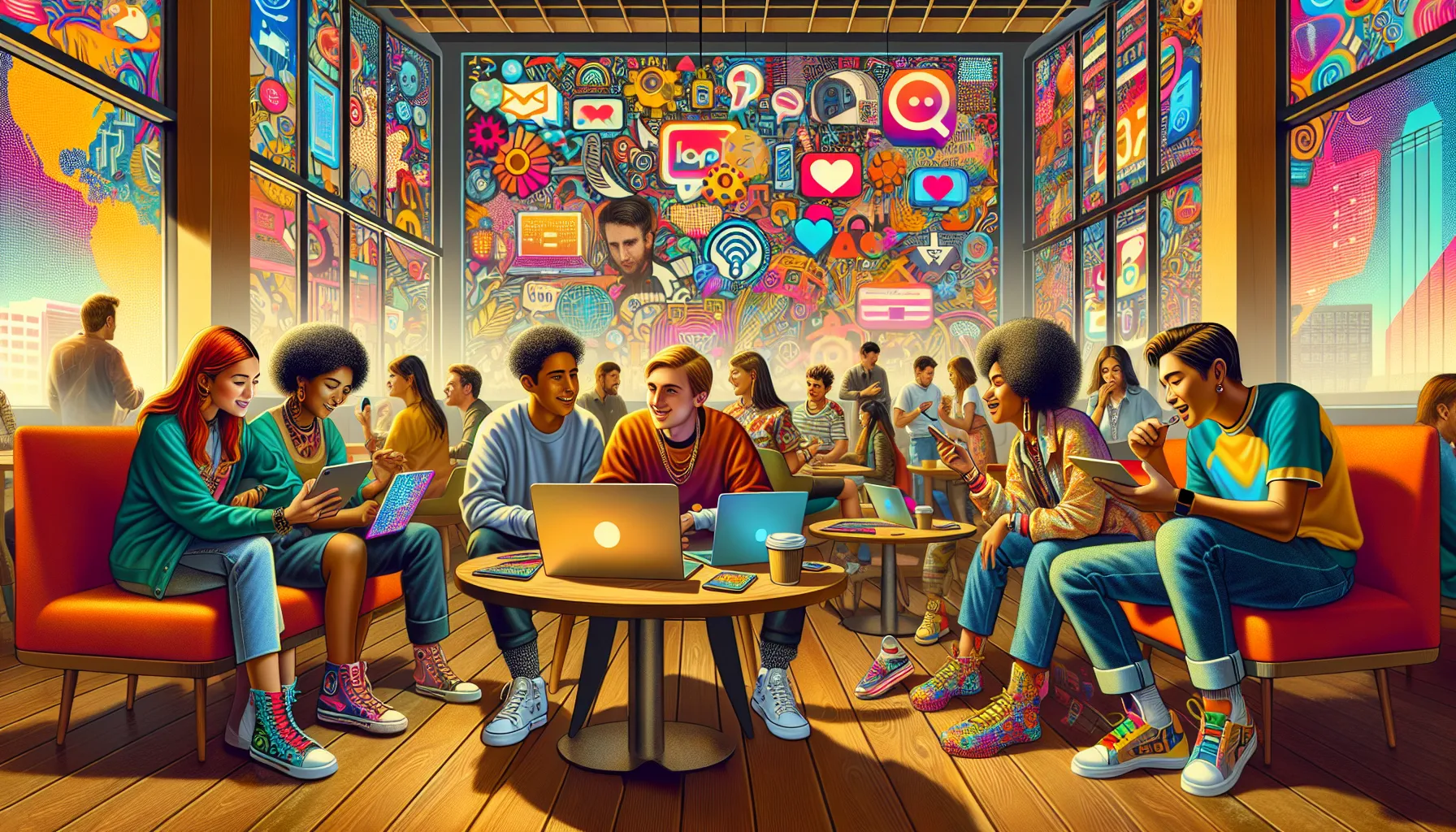 diverse group sharing creative digital content in a vibrant workspace.