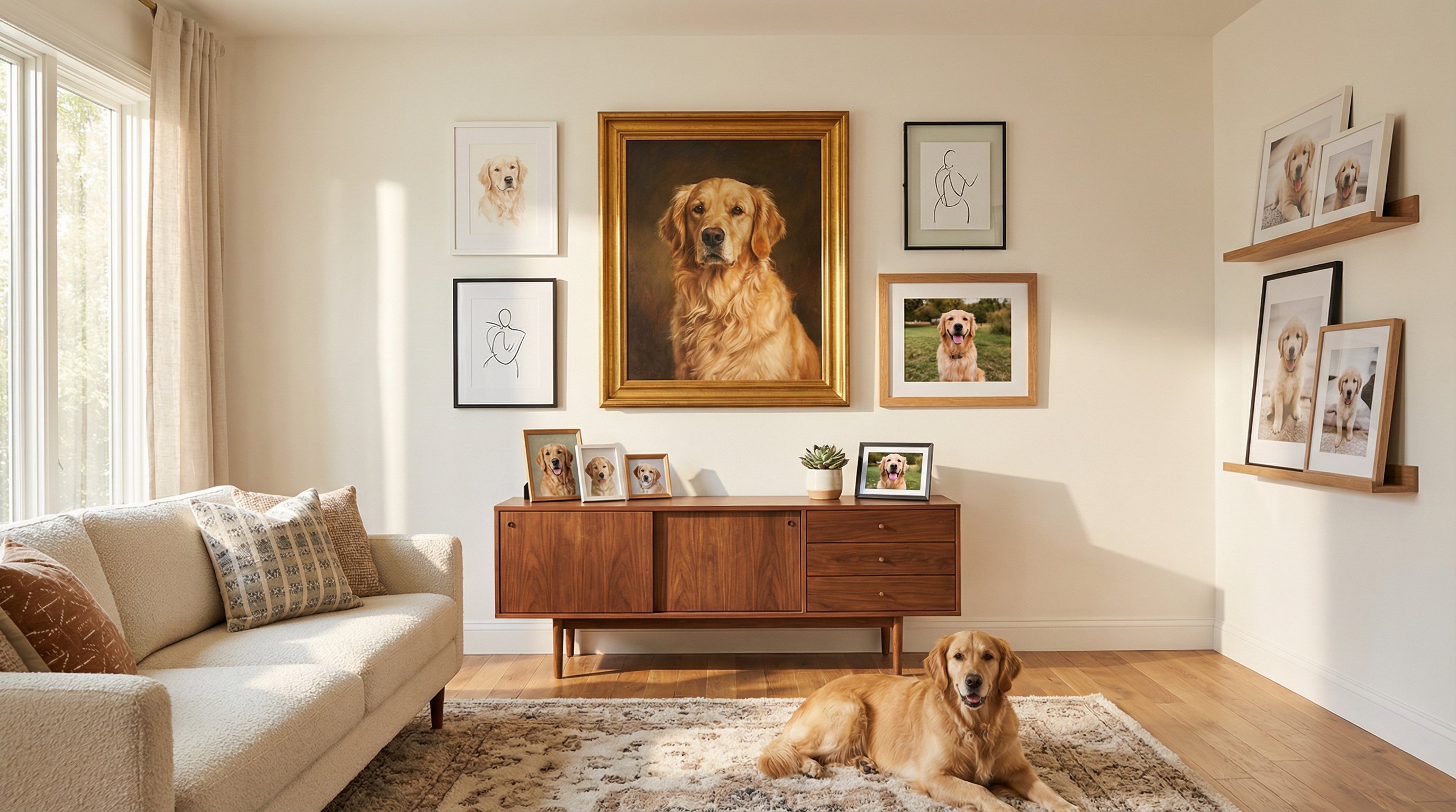 Gallery wall of dog portraits in a sunny modern living room with a golden retriever.