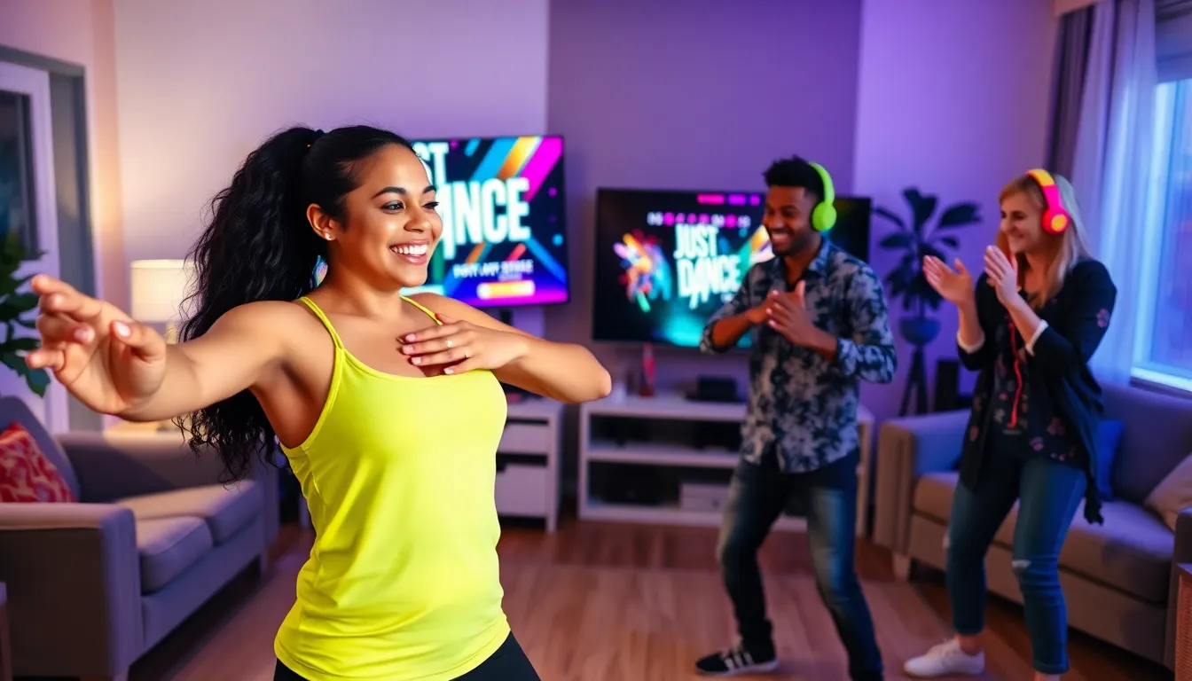 friends dancing in a living room to Just Dance 2022.