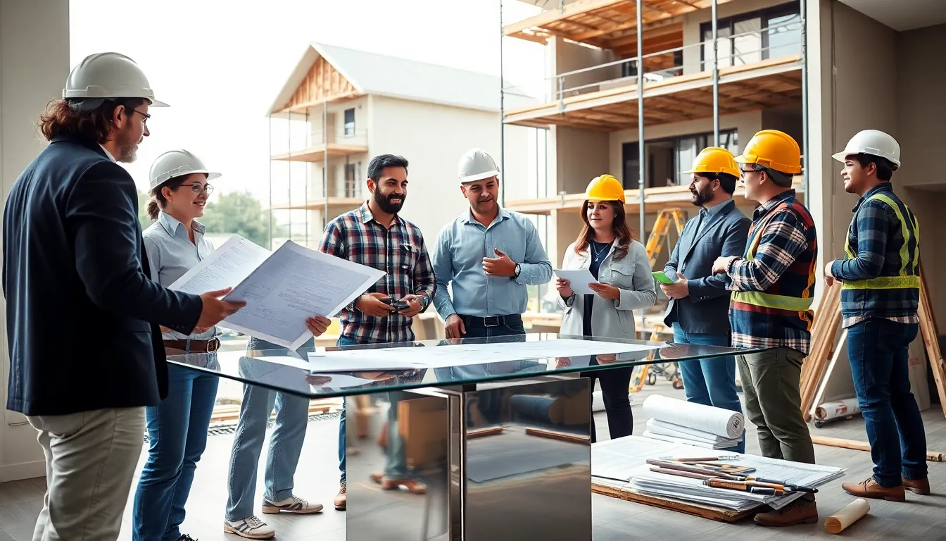 diverse team collaborating on residential building plans at a construction site.