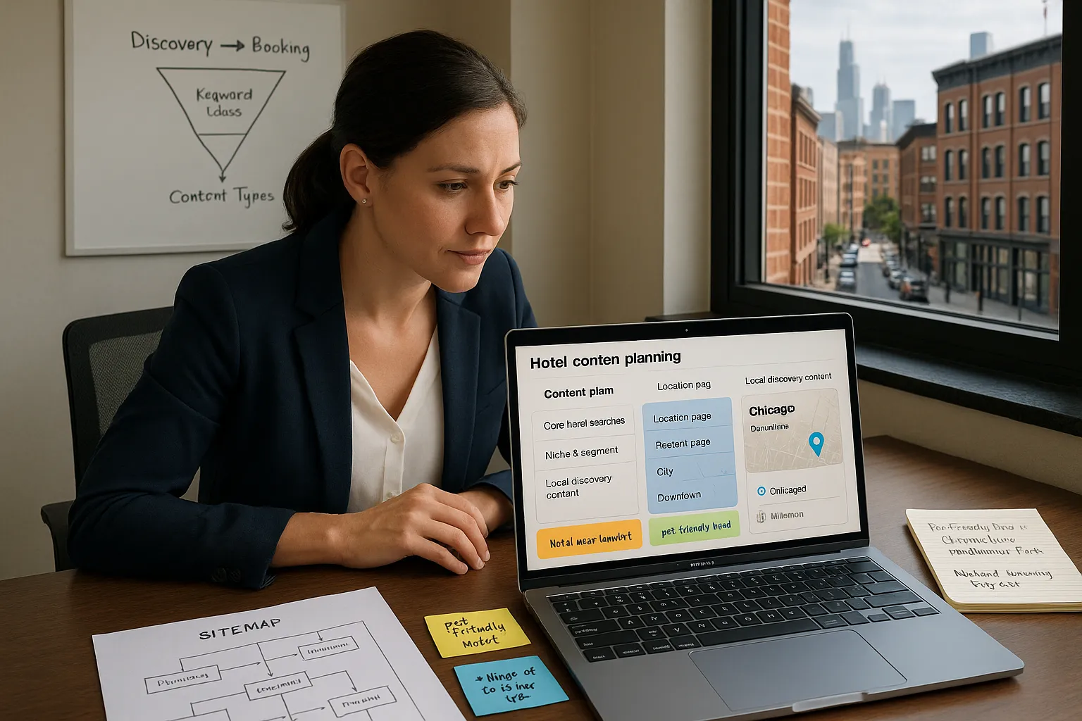 Hotel marketer planning local SEO keywords and content on a laptop in city office.