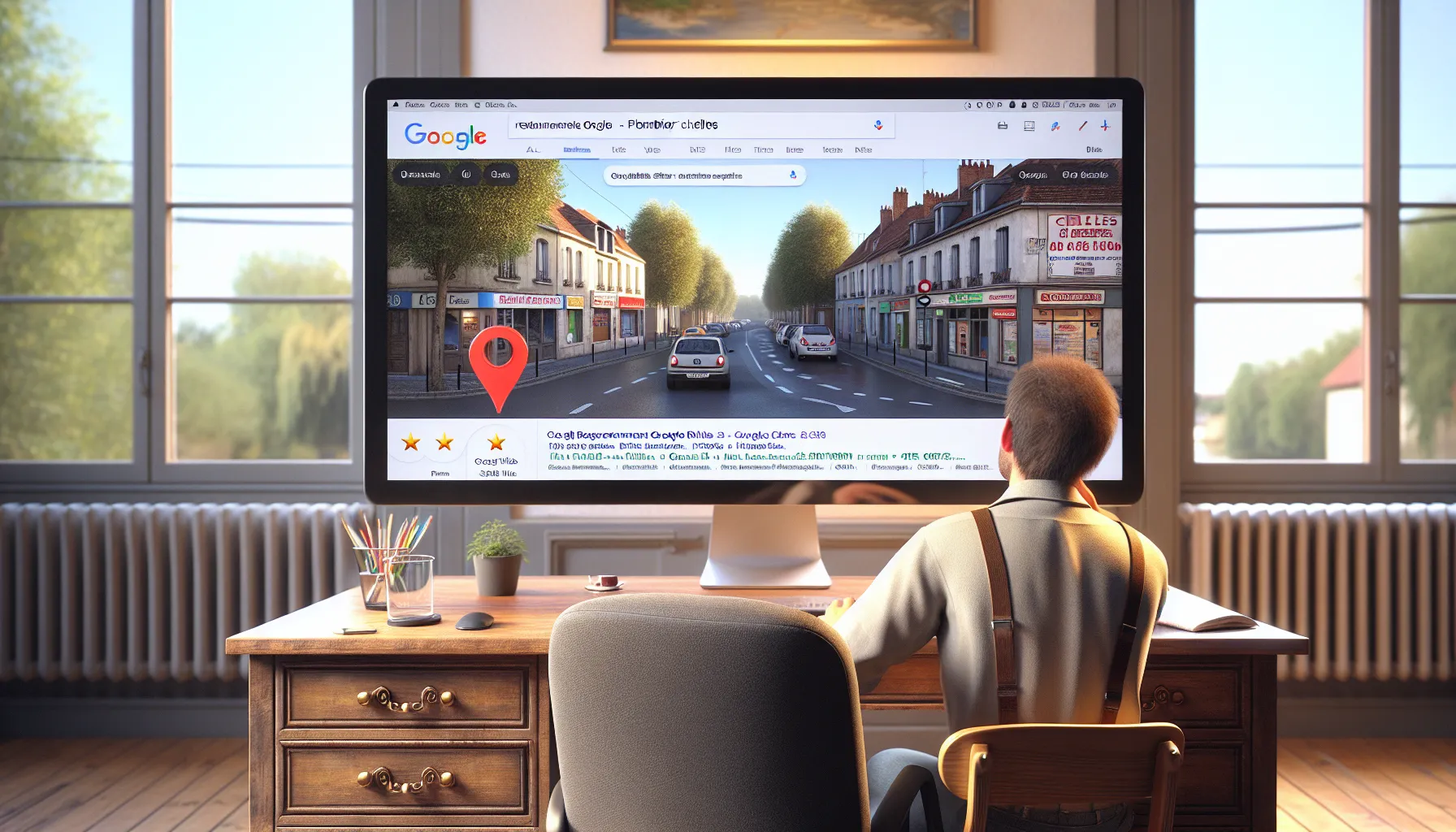 Local business owner in Chelles reviewing Google search results with SEO consultant.