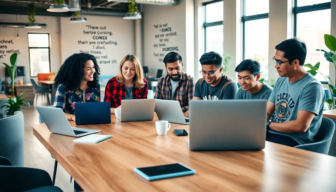 A diverse group collaborating in a modern workspace, embodying community and creativity.