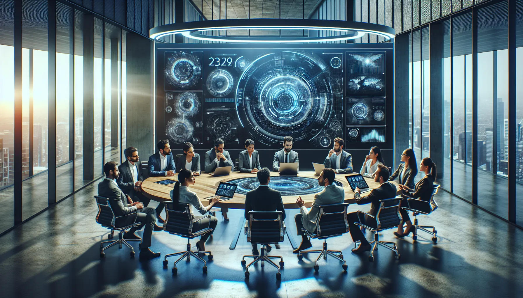 diverse team collaborating on digital technology in a modern office.