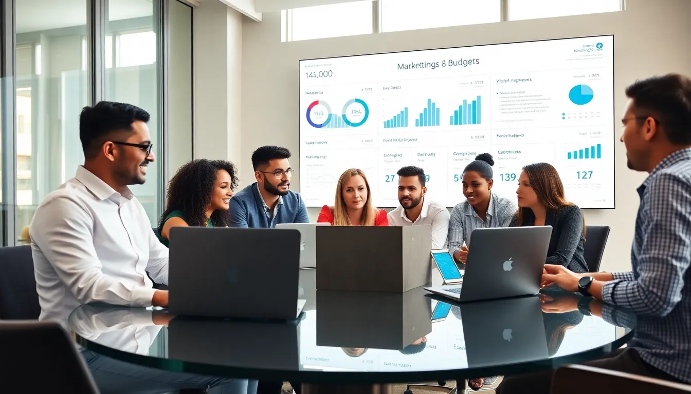 diverse marketing team discussing martech budgets in a modern office.