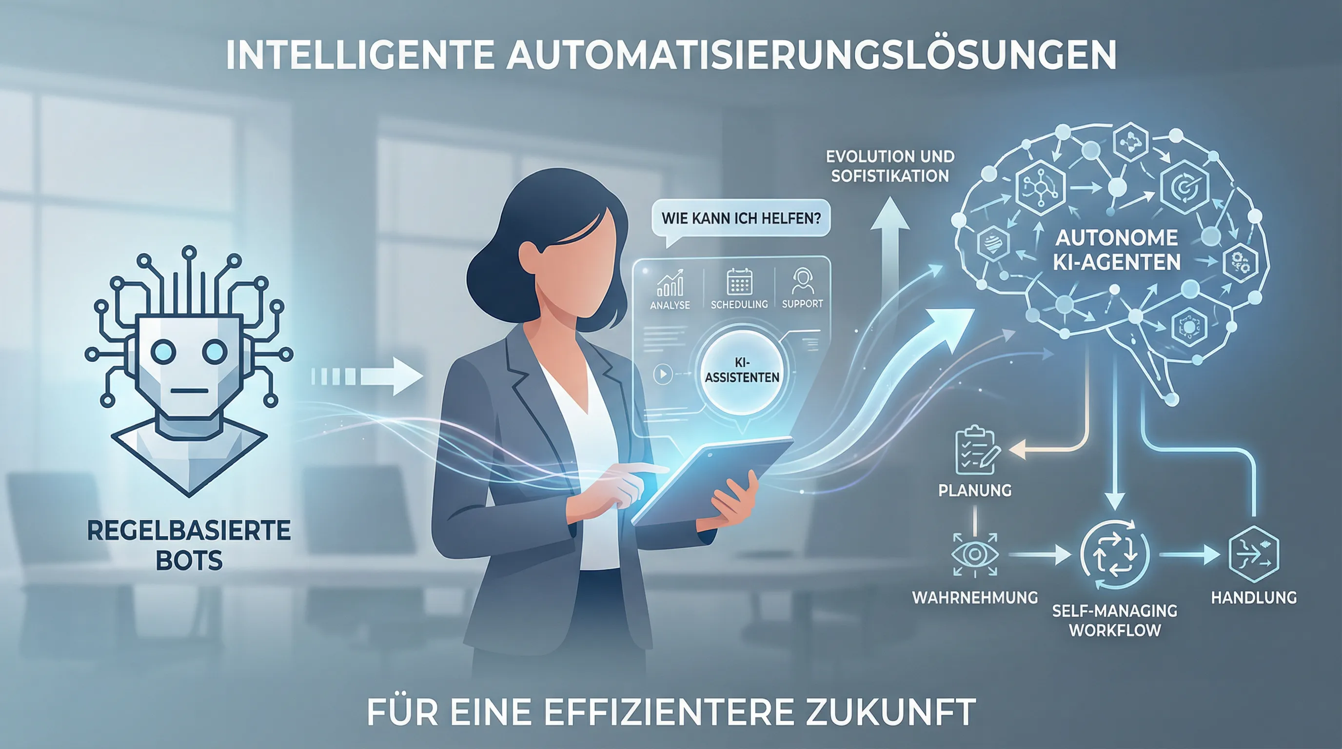 Infographic comparing bots, AI assistants, and autonomous AI agents in a modern style.
