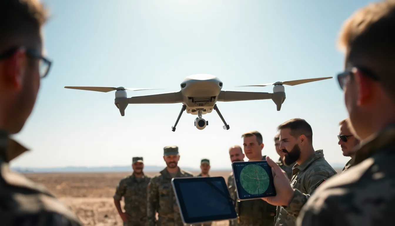 military drone with personnel in a training environment.