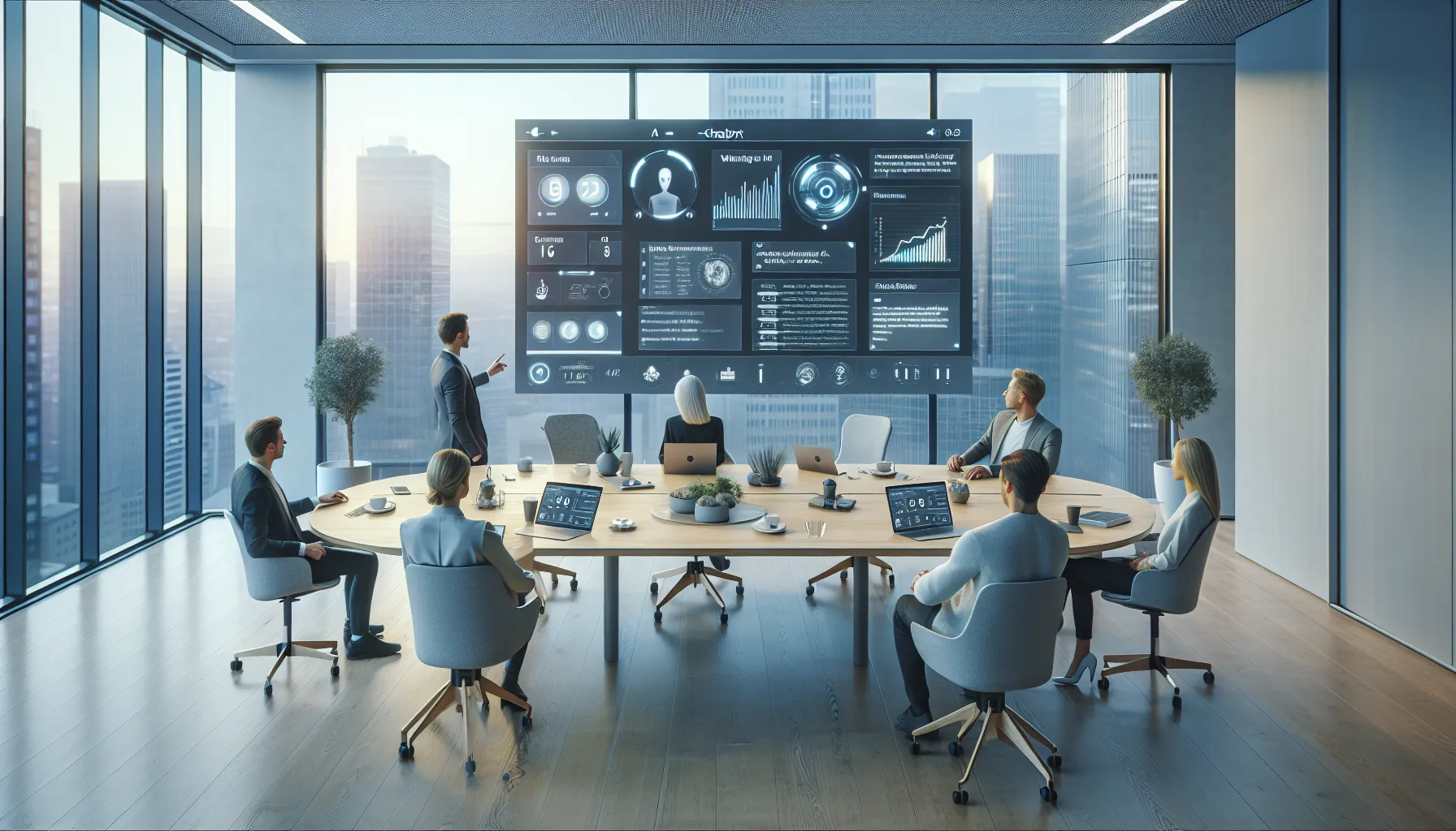 Norwegian office team using a multimodal ai chatbot on a large screen in 2026.