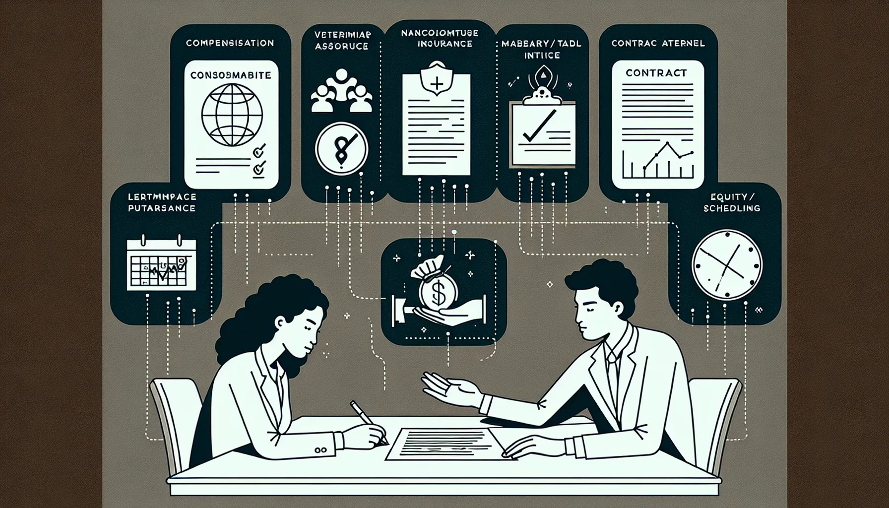 Attorney advising a veterinary associate over a contract with labeled icons.