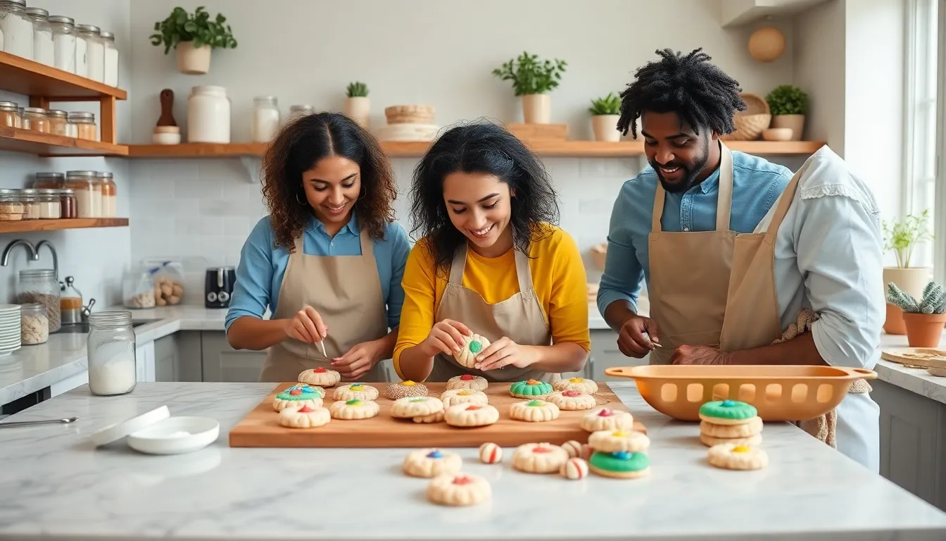 diverse bakers joyfully making cookies in a modern kitchen.