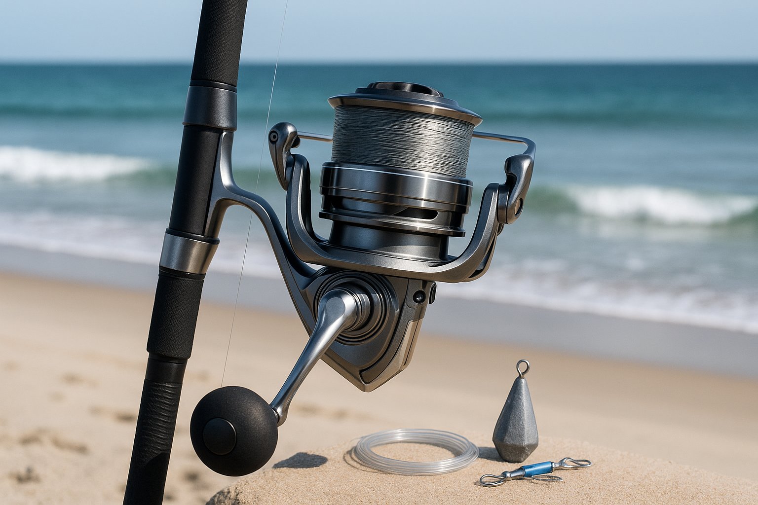 Surf fishing reel and rod setup on a clean beach shoreline.