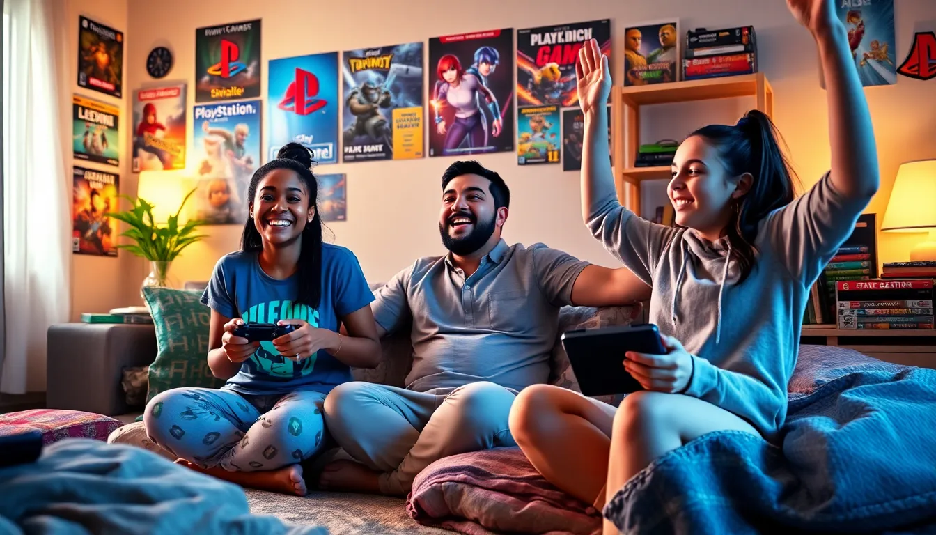 friends playing ImagineerGames on PlayStation in a cozy living room.