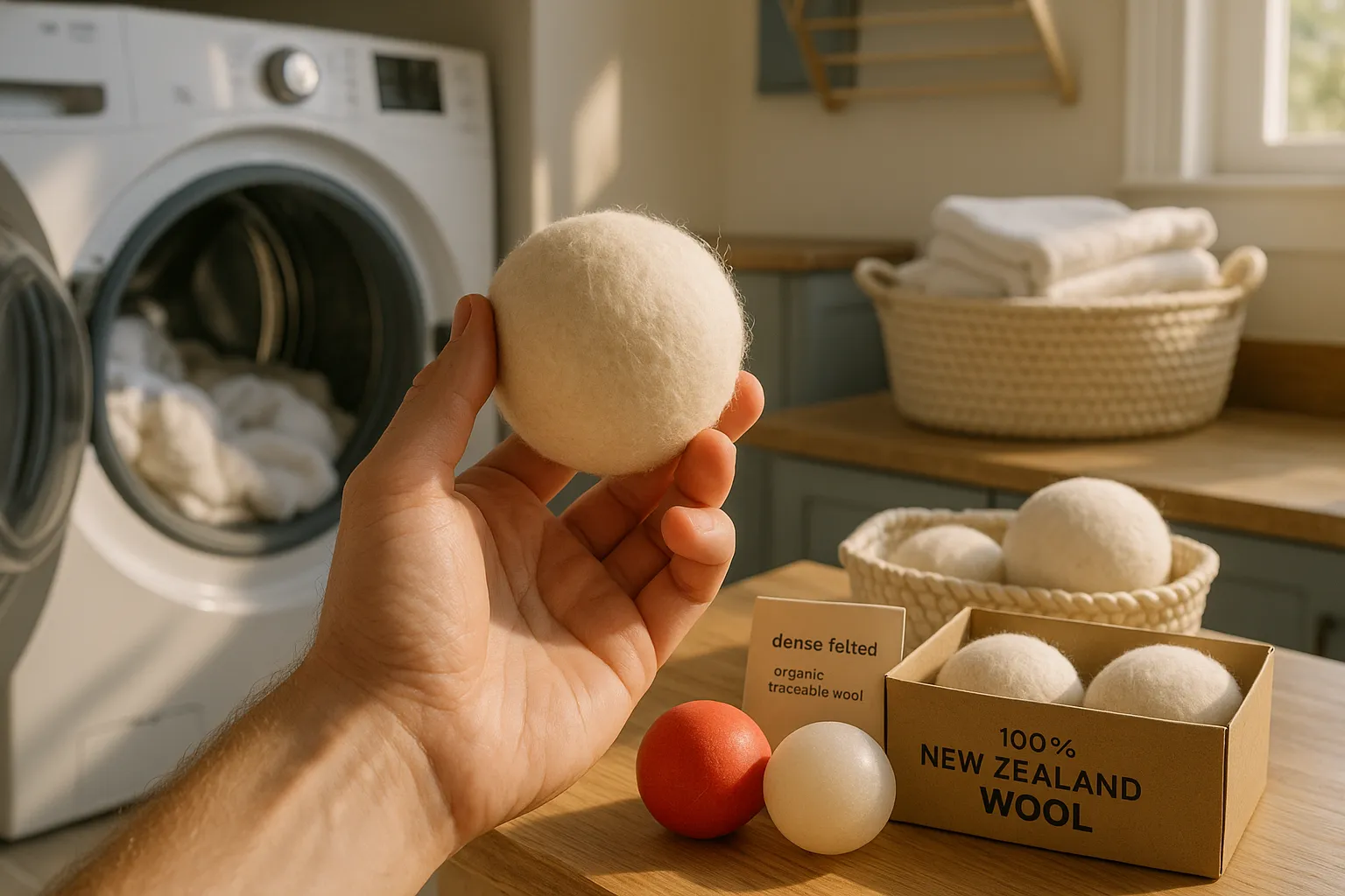 Hand holding a dense, felted wool dryer ball in a bright laundry room.