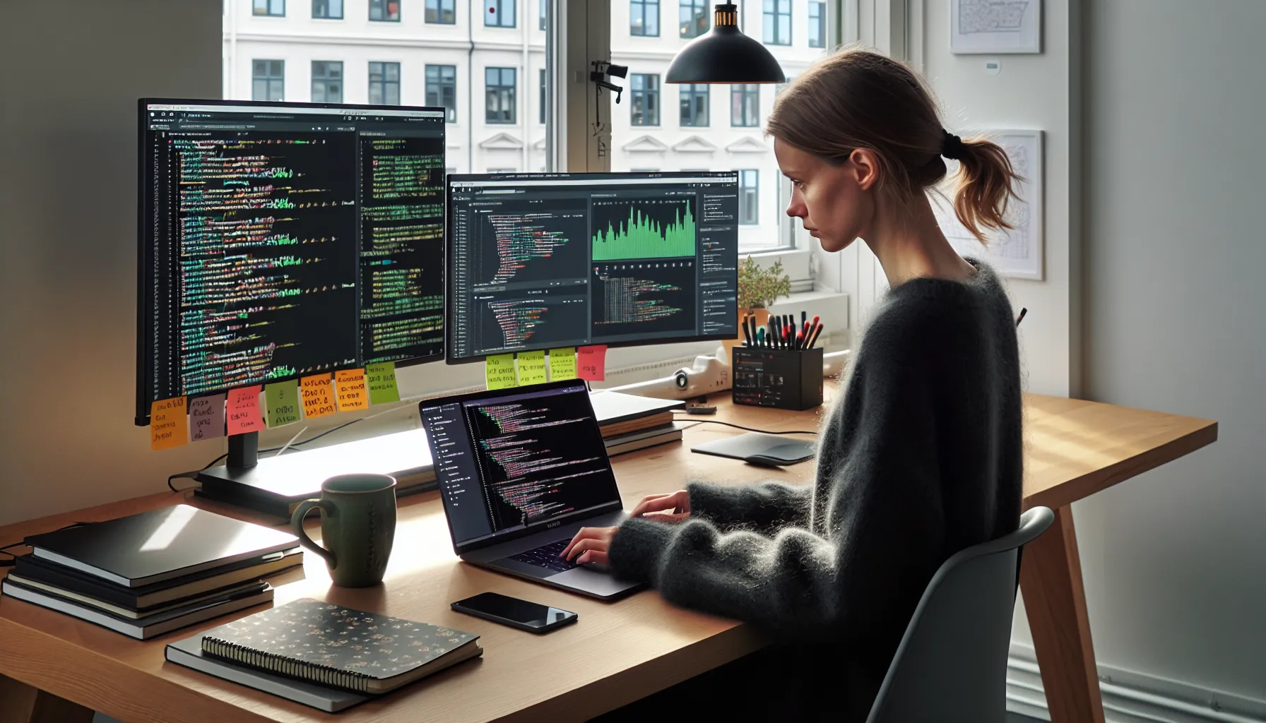 Young norwegian developer reviewing portfolio, dashboards, and cloud tools in oslo workspace.
