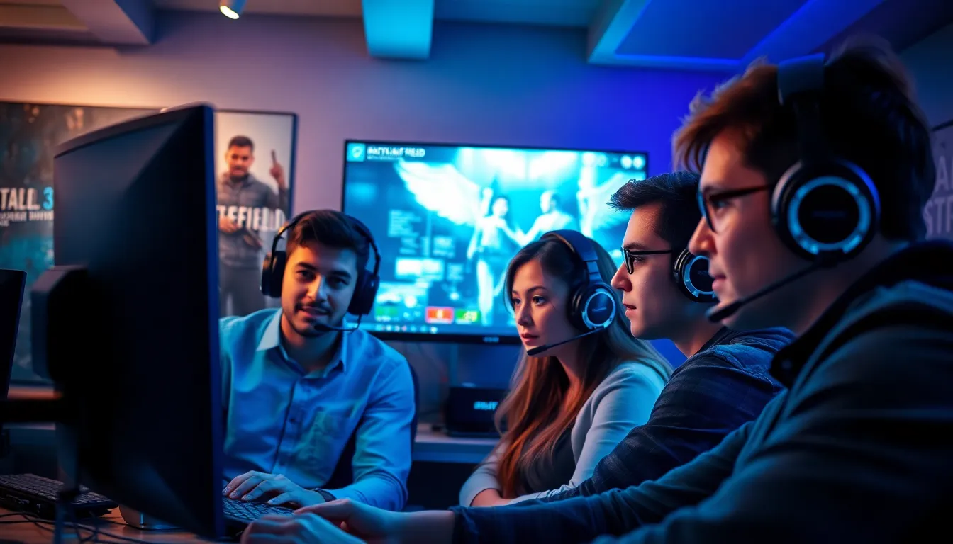 gamers collaborating in a modern gaming setup for Battlefield 3.