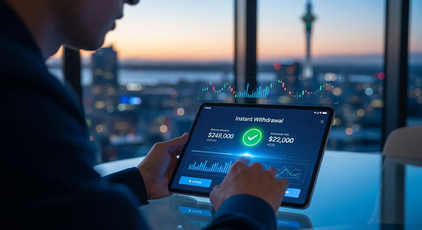 A digital tablet screen displaying an instant casino withdrawal confirmation against the Auckland skyline.