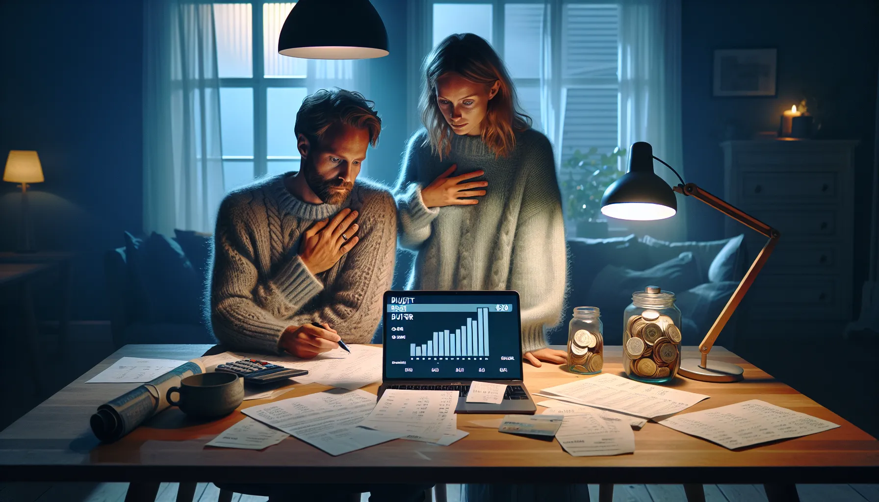 Finansielle konflikter i parforholdet: slik snakker dere om penger uten å krangle 2 Norwegian couple calmly reviewing a household budget together at dusk.