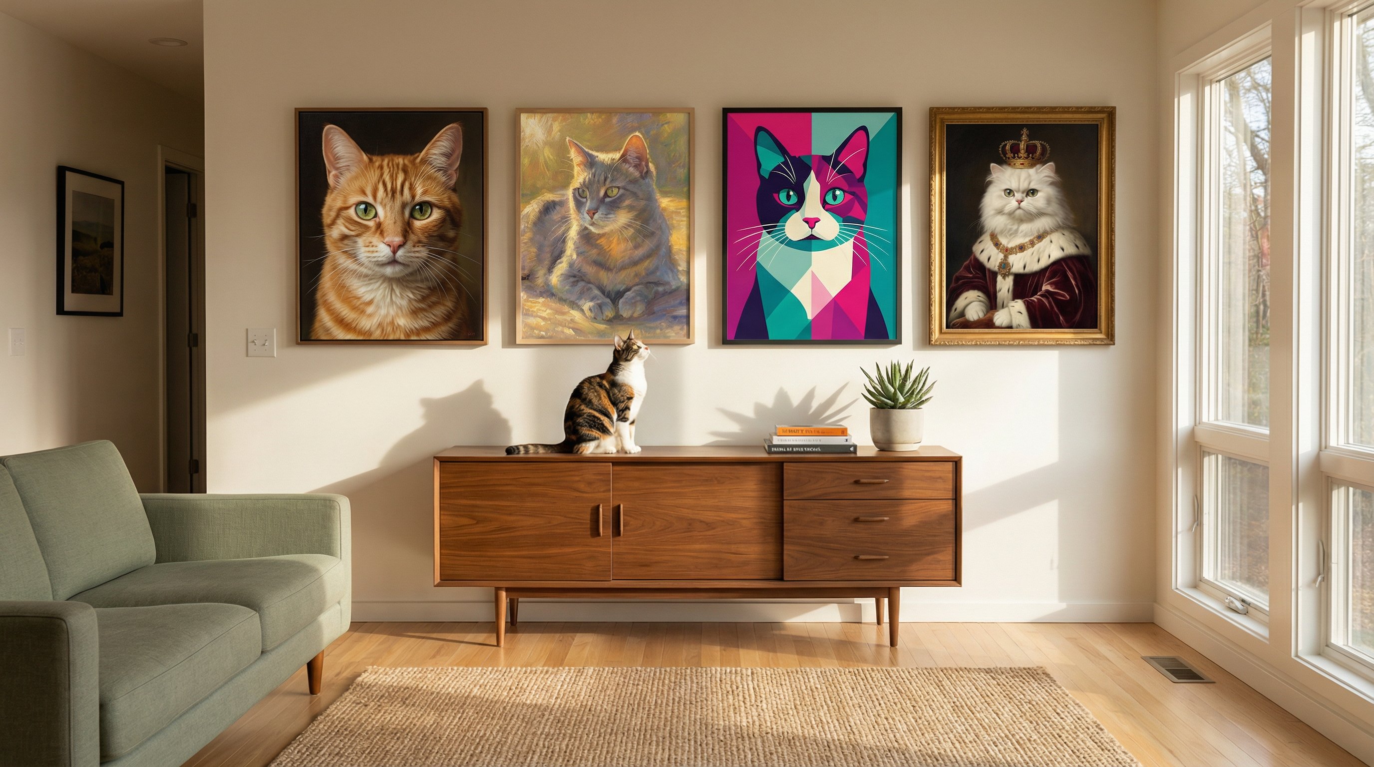 Gallery wall of four custom cat portrait styles in a cozy living room.