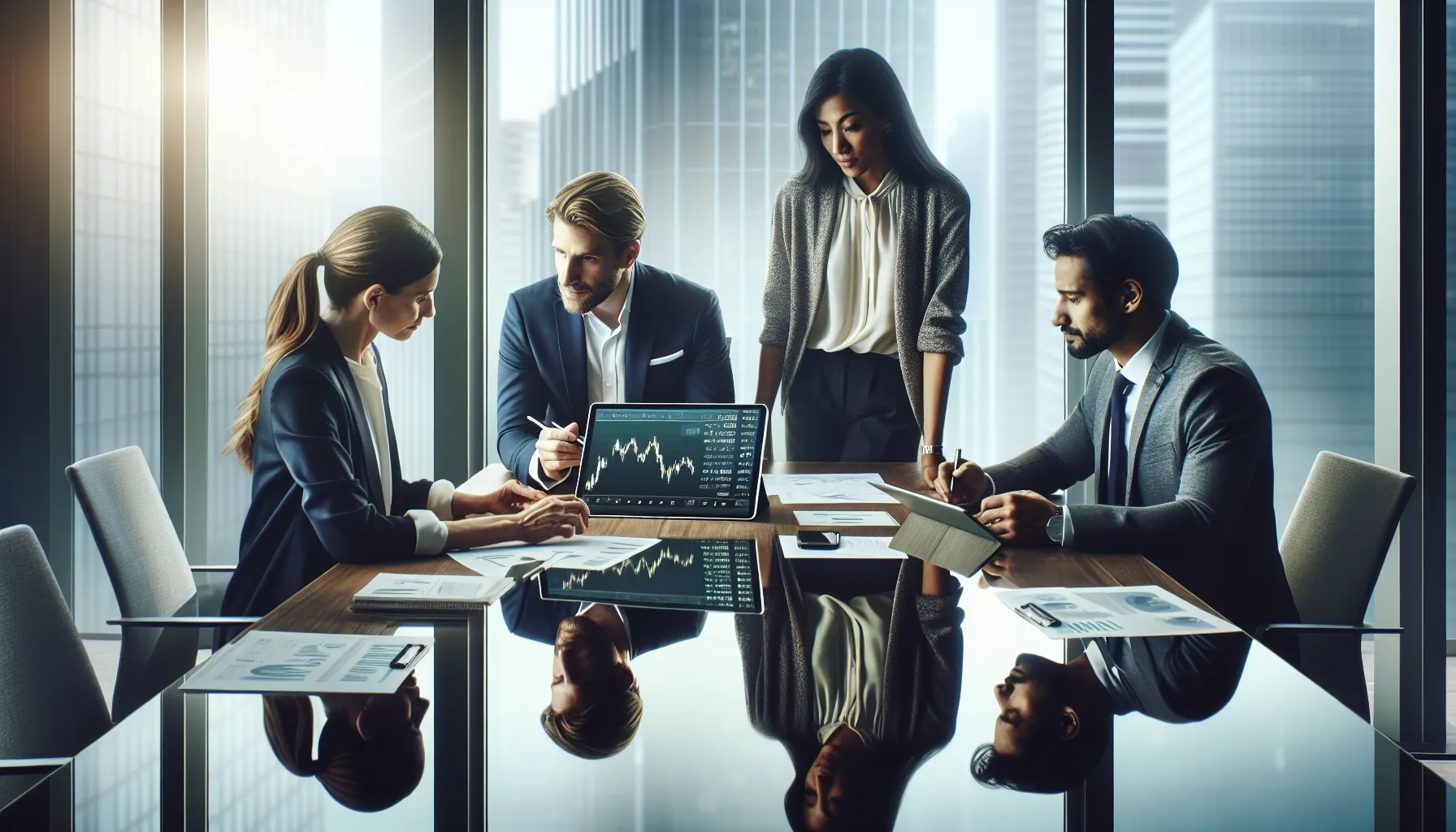 diverse professionals discussing currency exchange impacts in a modern office.