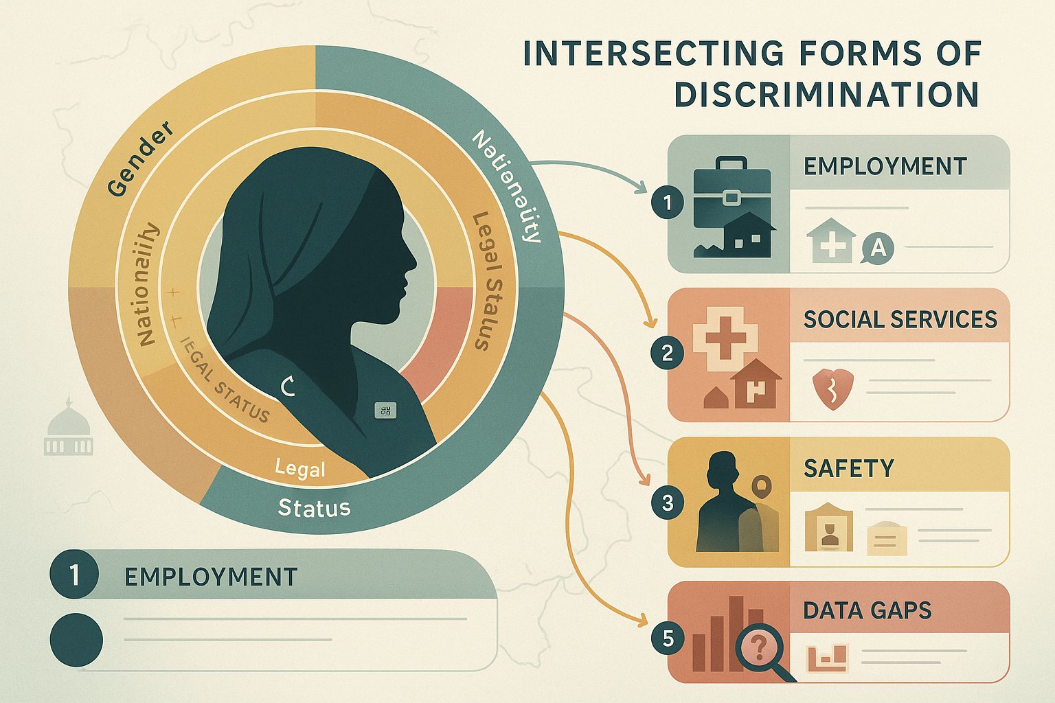 Infografica stratificata che mostra la discriminazione intersezionale contro le donne immigrate in Italia.