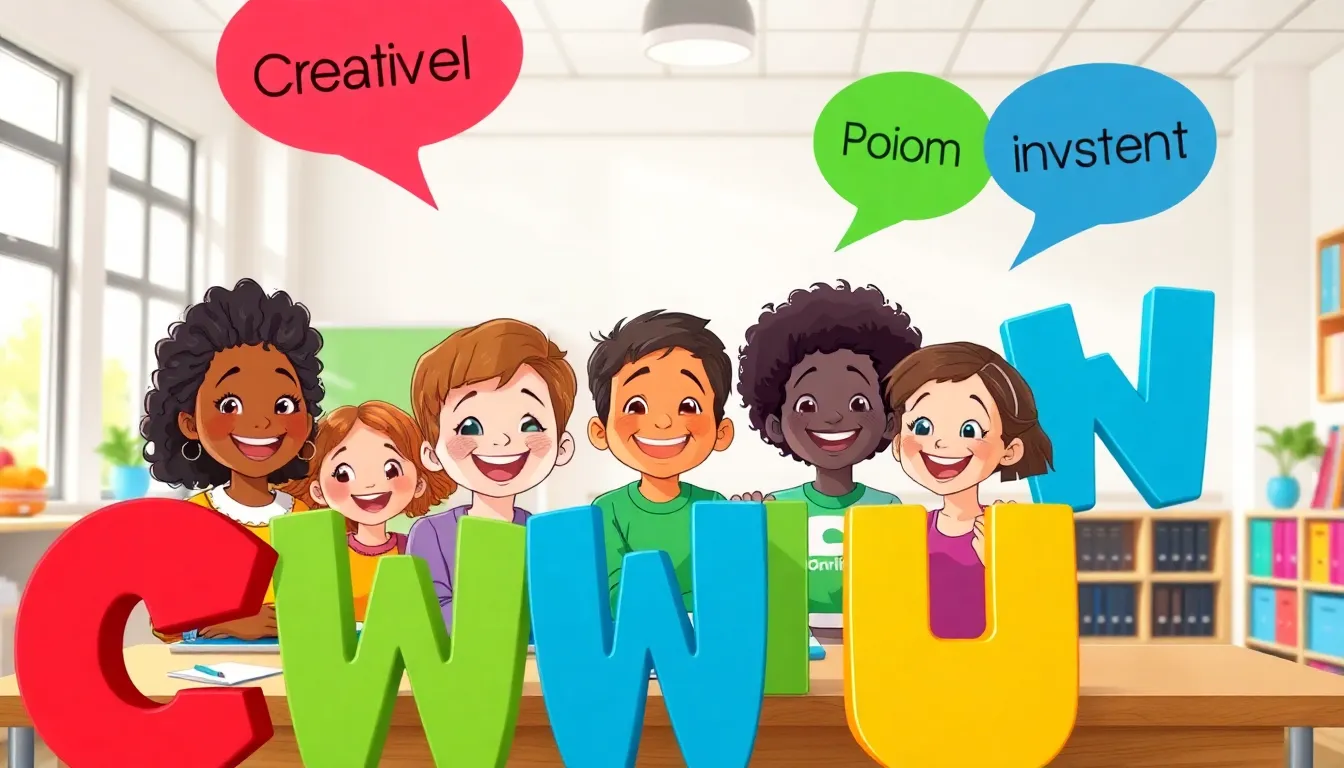 children inventing words in a colorful classroom setting.