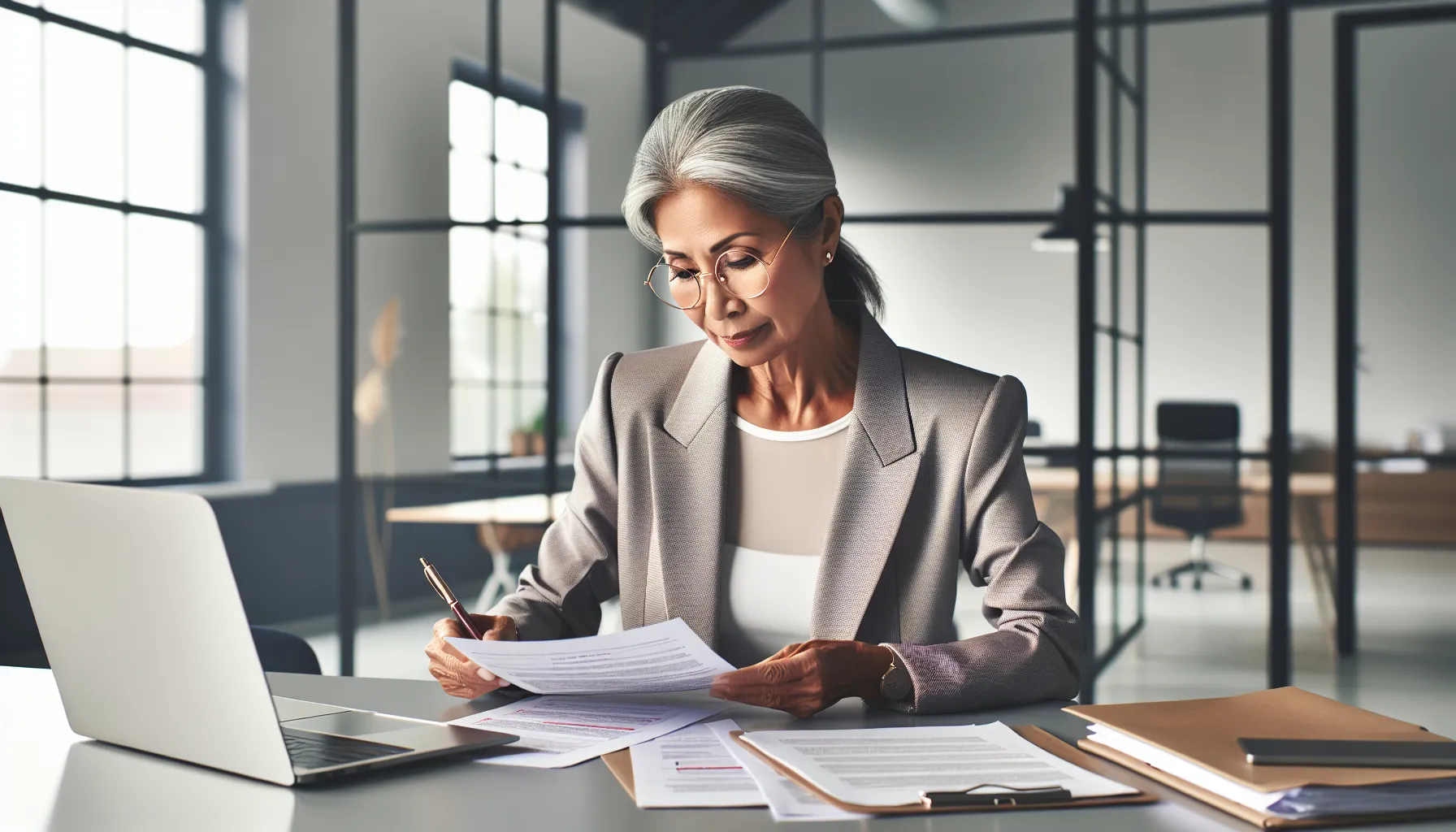 Senior Croatian businessperson reviewing legal documents for company registration in modern office