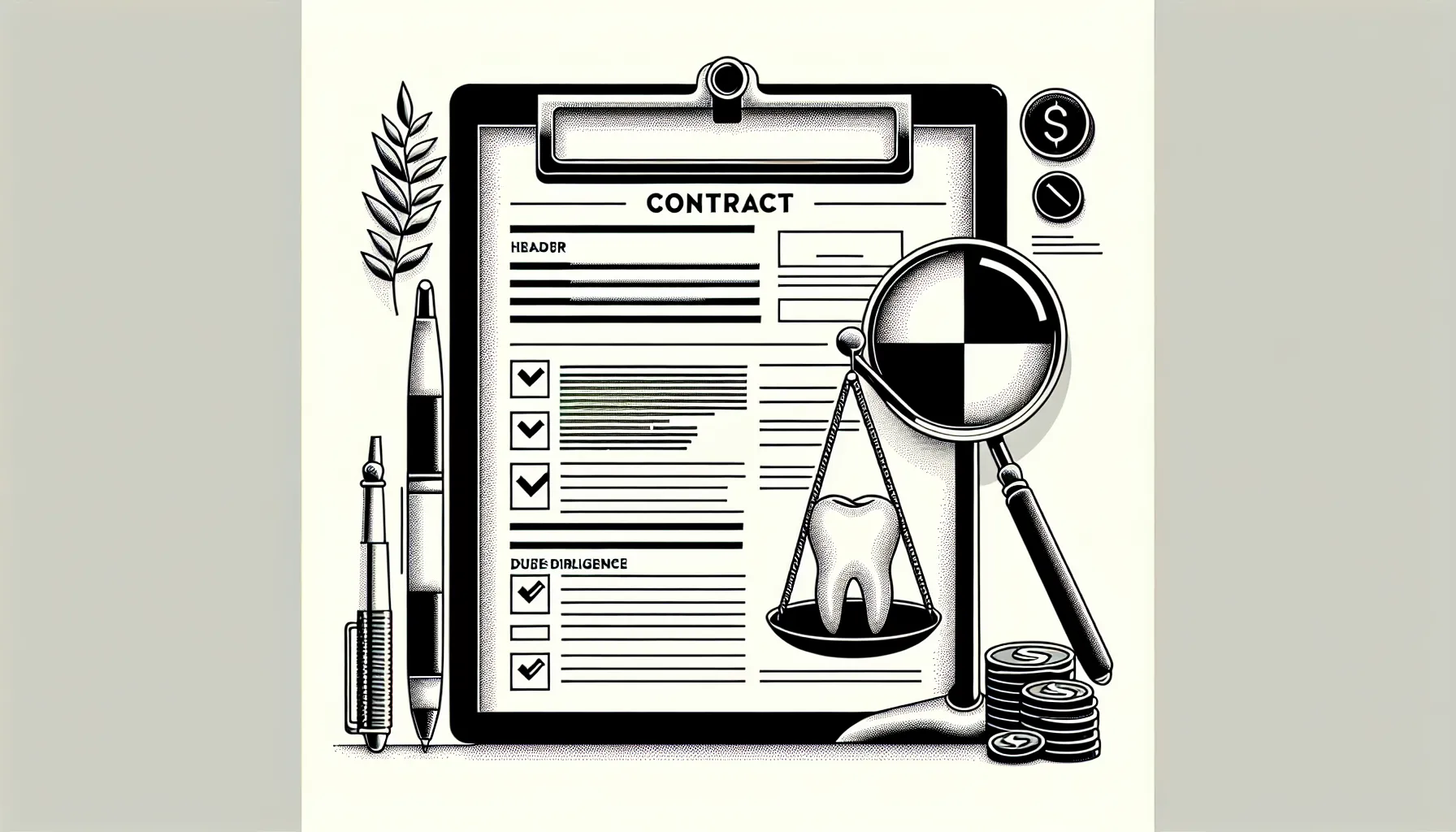 Line art of contract with magnifying glass, scale, tooth, and dental office silhouette of Dental Practice Purchase Agreement Review.