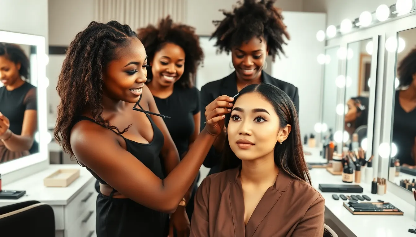 Makeup artists applying techniques for round eyes in a bright studio.