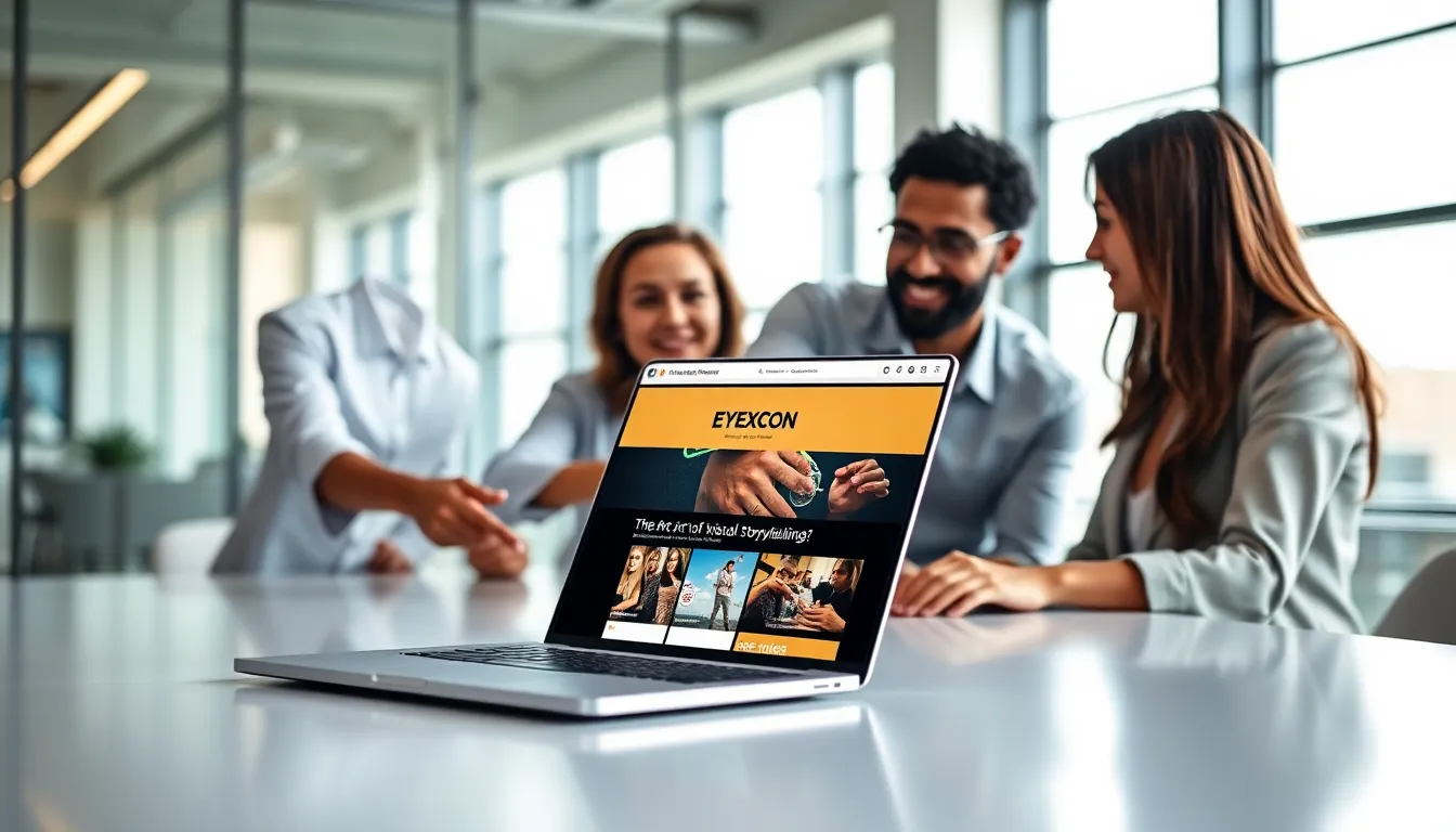 diverse professionals collaborating over the Eyexcon website in a modern office.