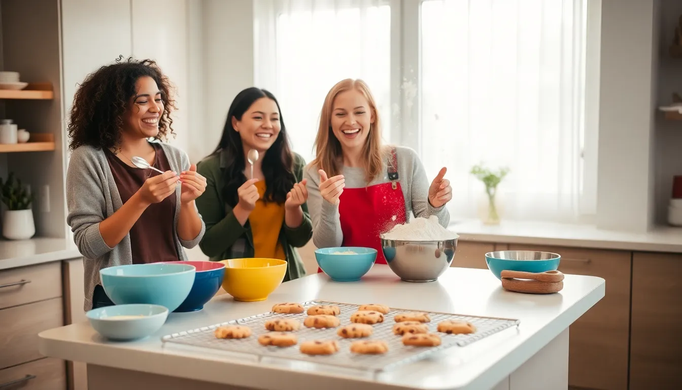 friends happily baking cookies in a cozy kitchen.