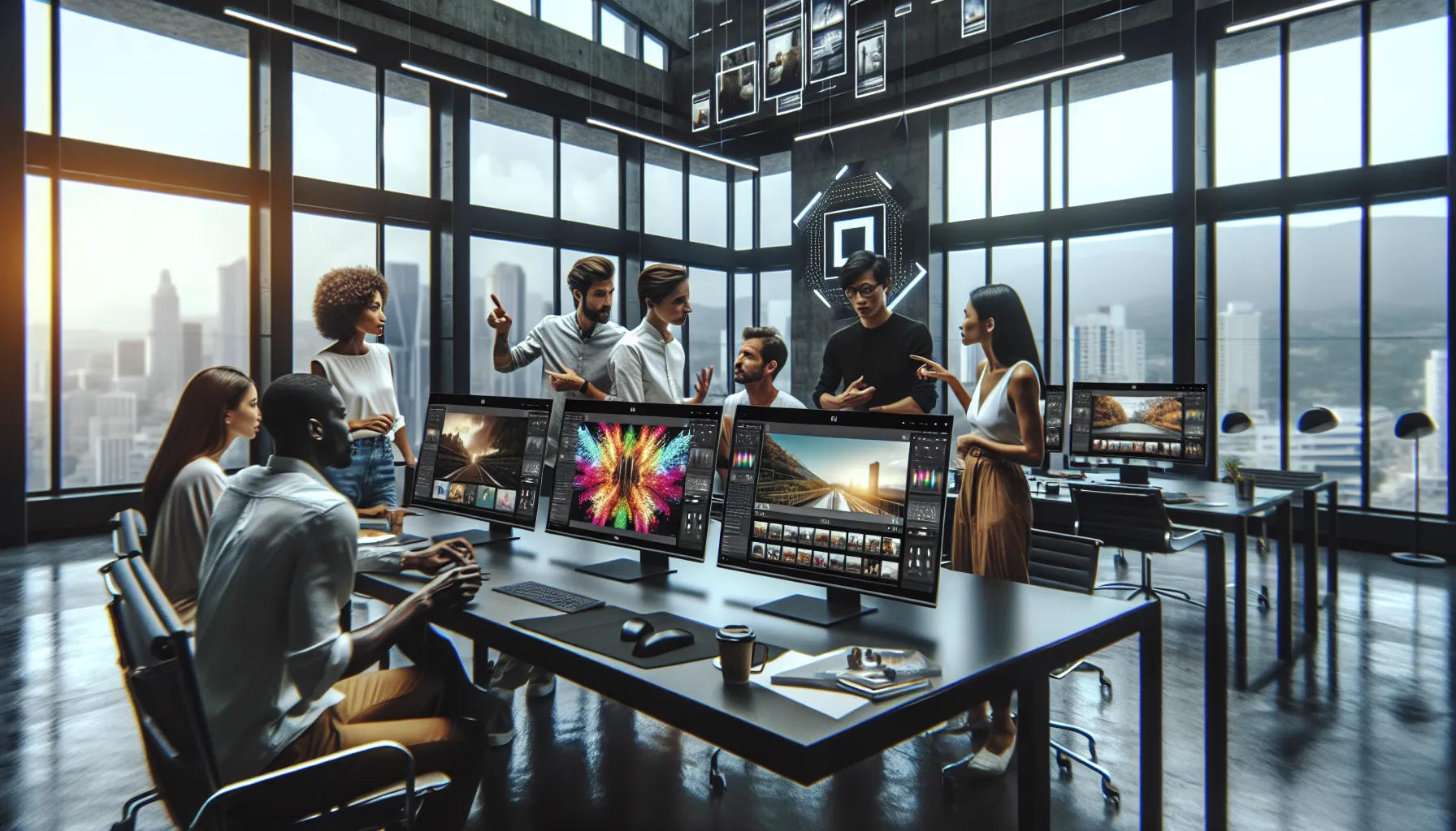 diverse photographers collaborating at a modern workspace.