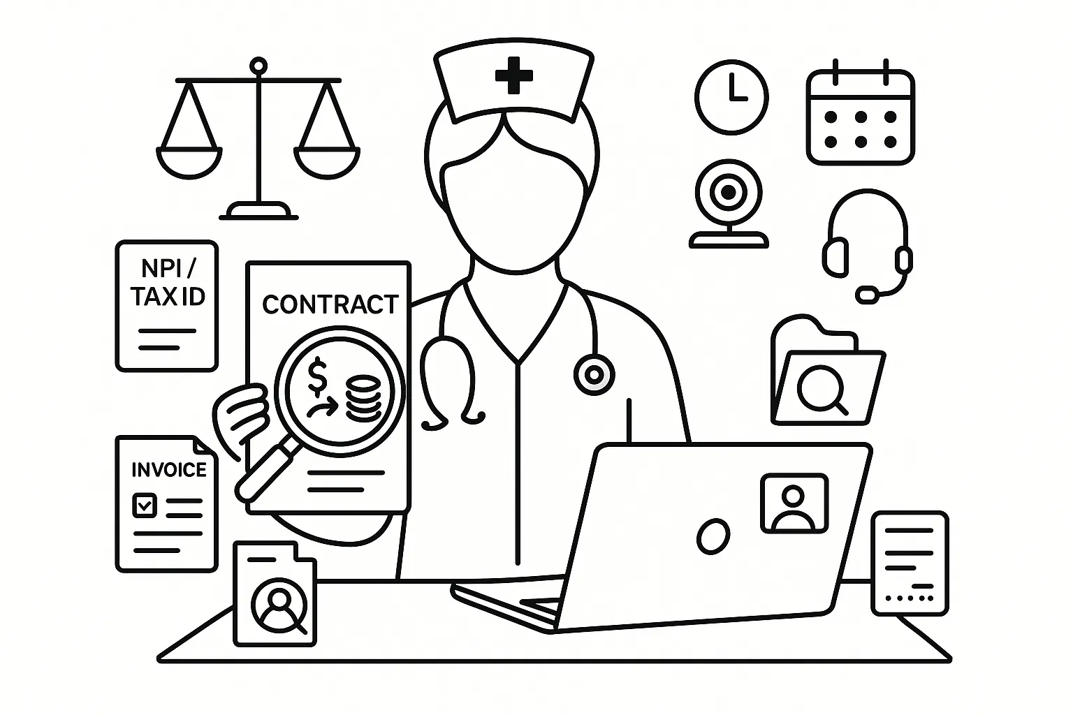 A nurse practitioner examining a telehealth contract highlighting pay, billing, and clawbacks.