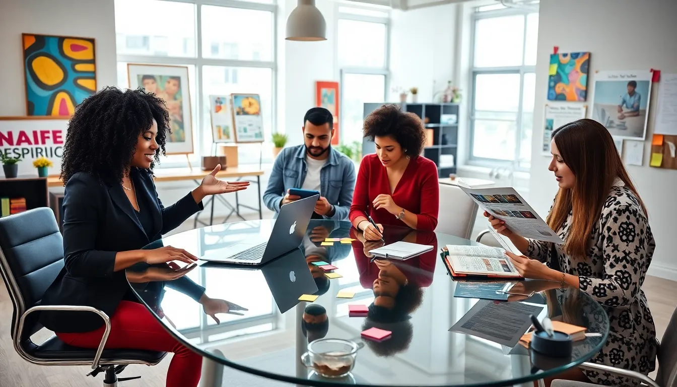 diverse professionals collaborating in a creative office setting.