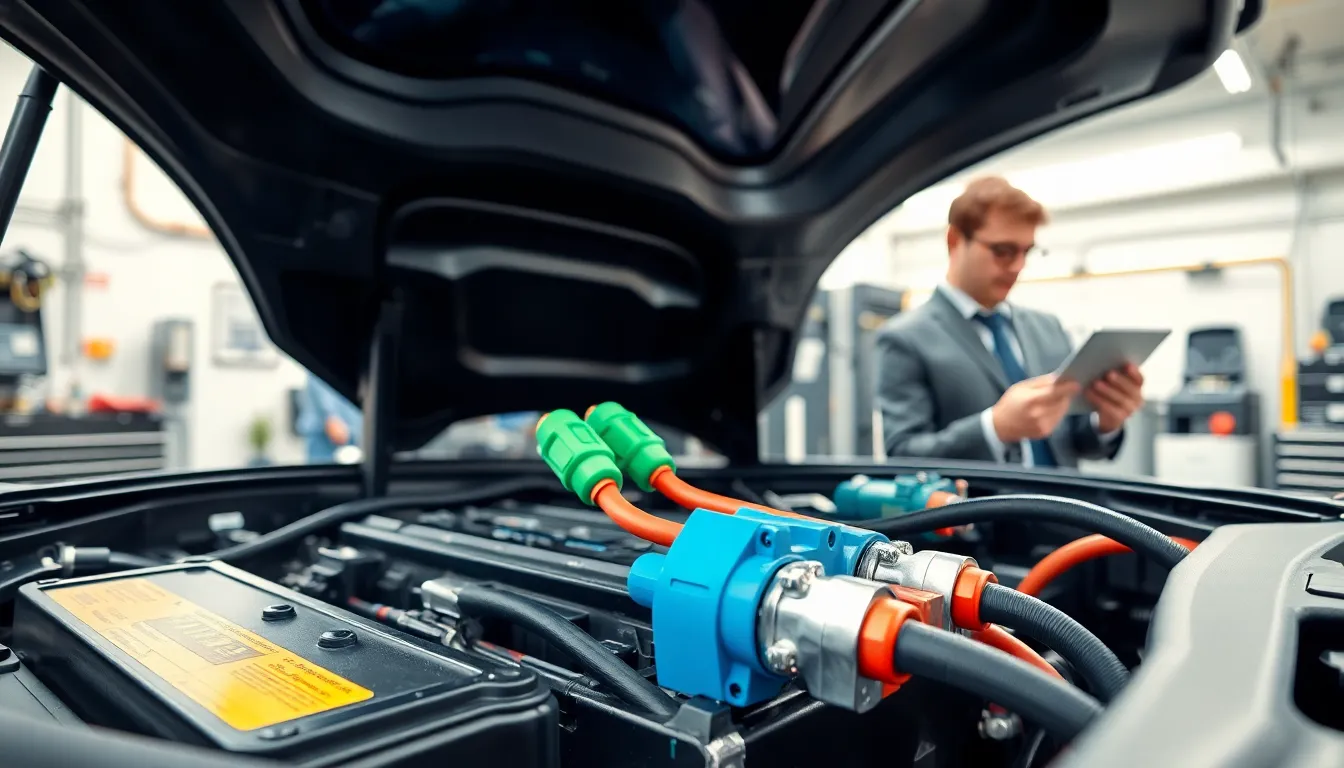 High current connectors in an electric vehicle’s battery compartment.