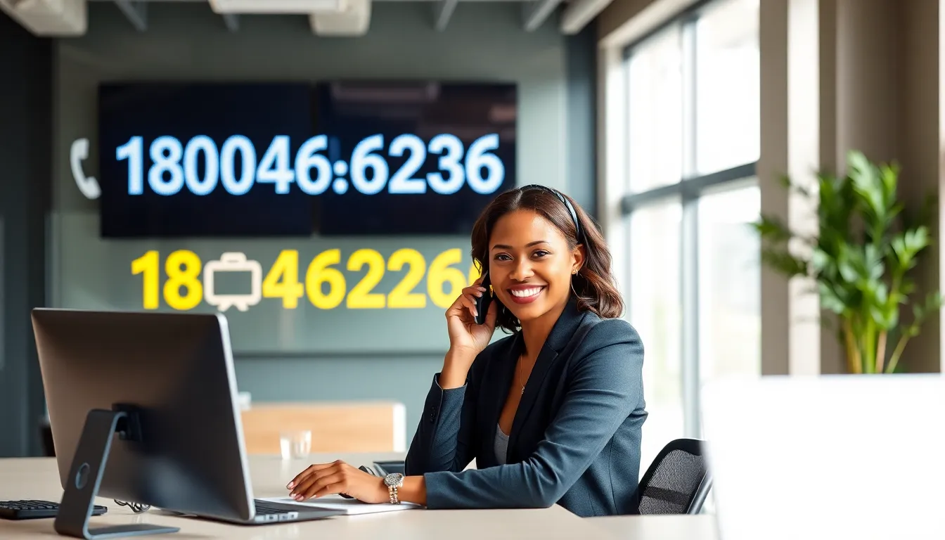 diverse representative at a modern desk, answering customer service calls.