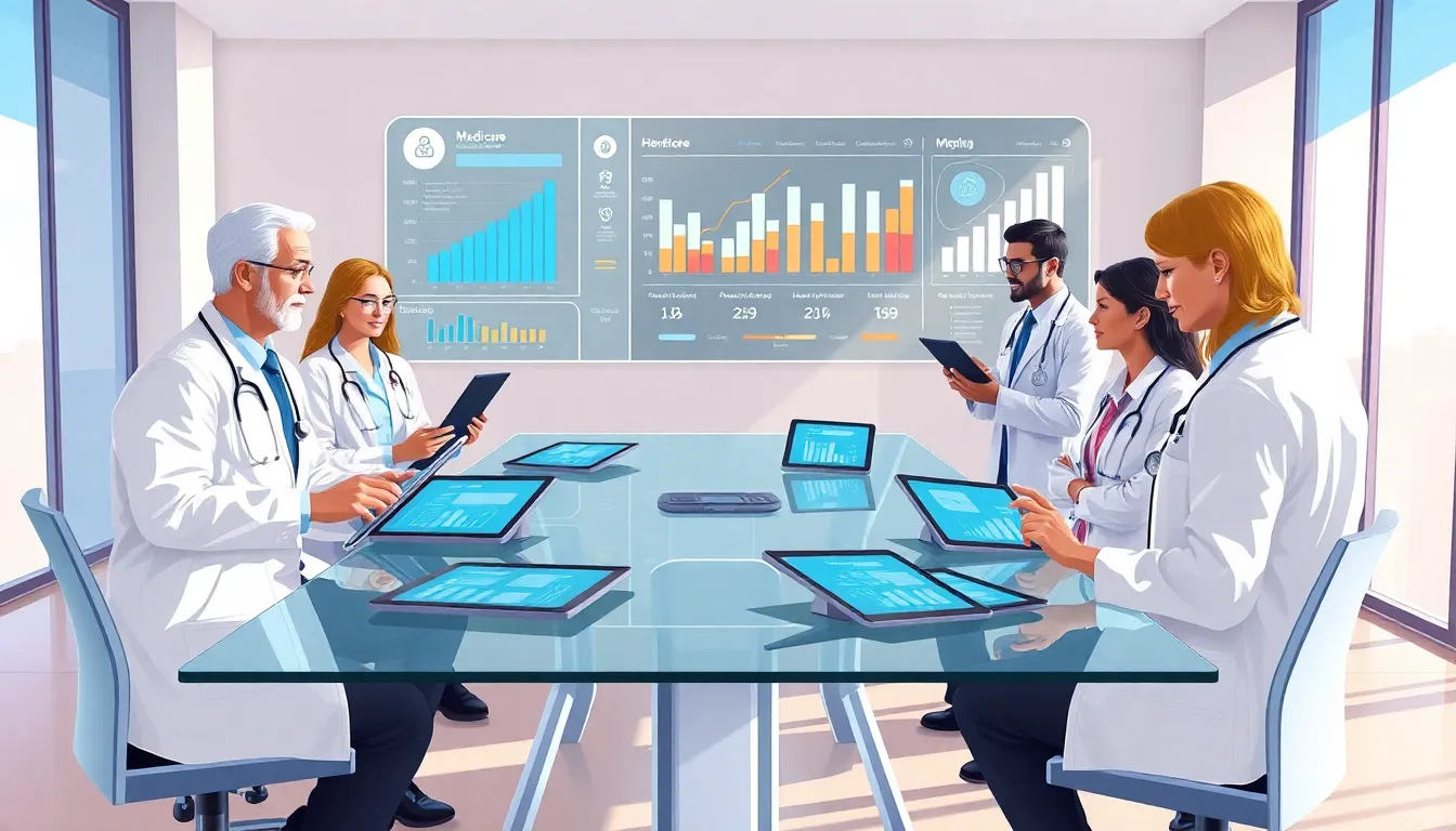 healthcare professionals discussing payment trends in a modern office.