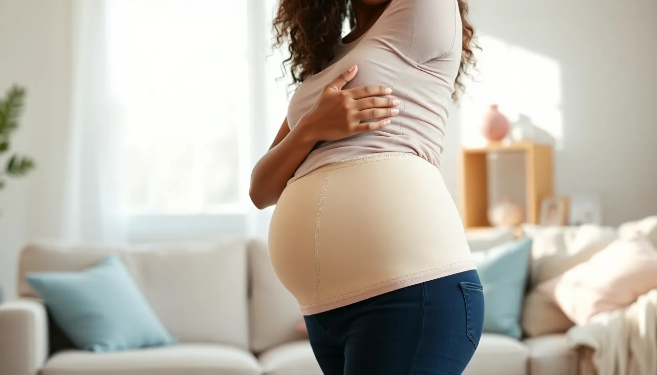 pregnant woman wearing a belly support belt in a modern living room.