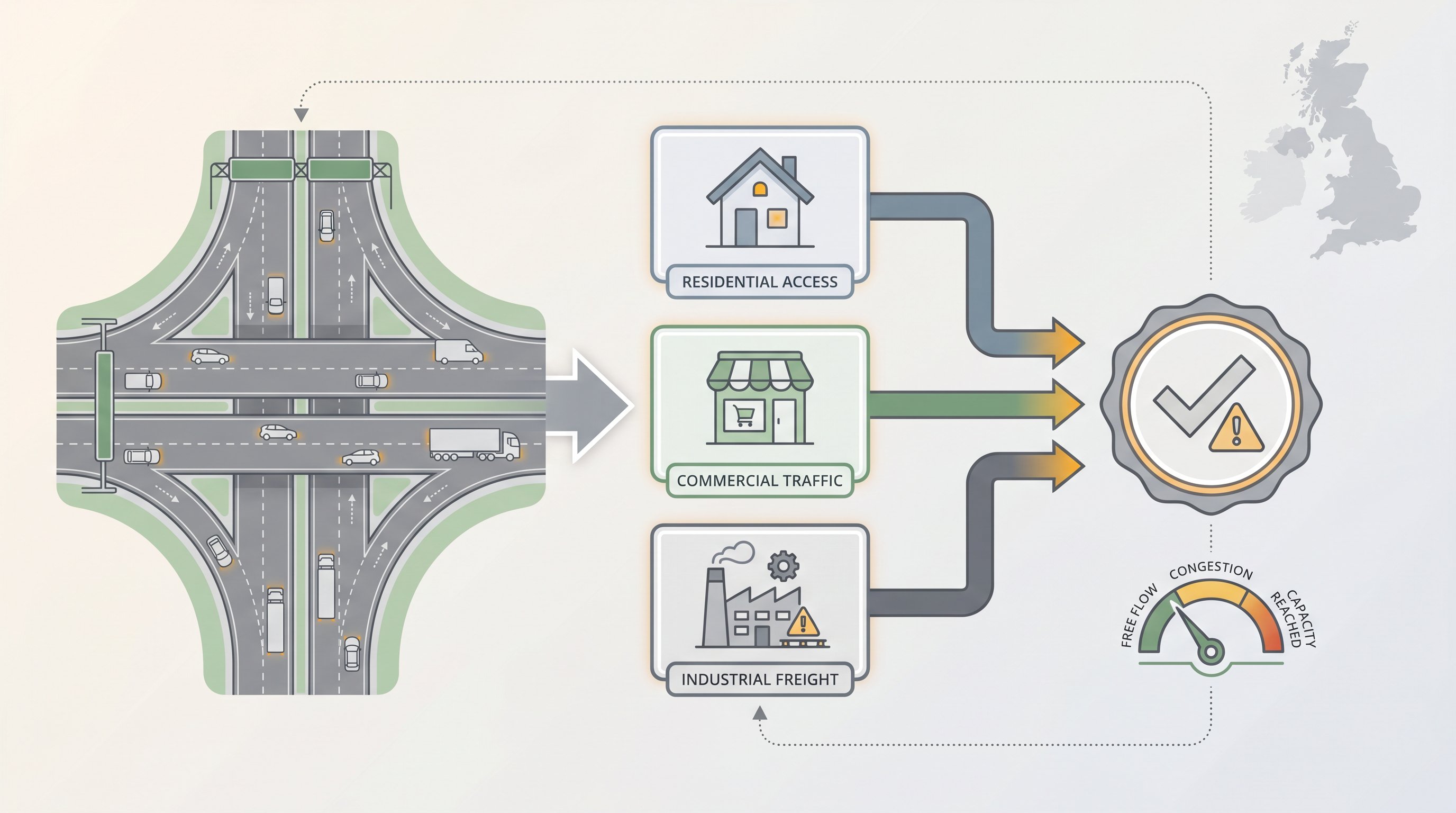 Infographic showing UK highway transportation flow, trip generation, and capacity assessment zones.