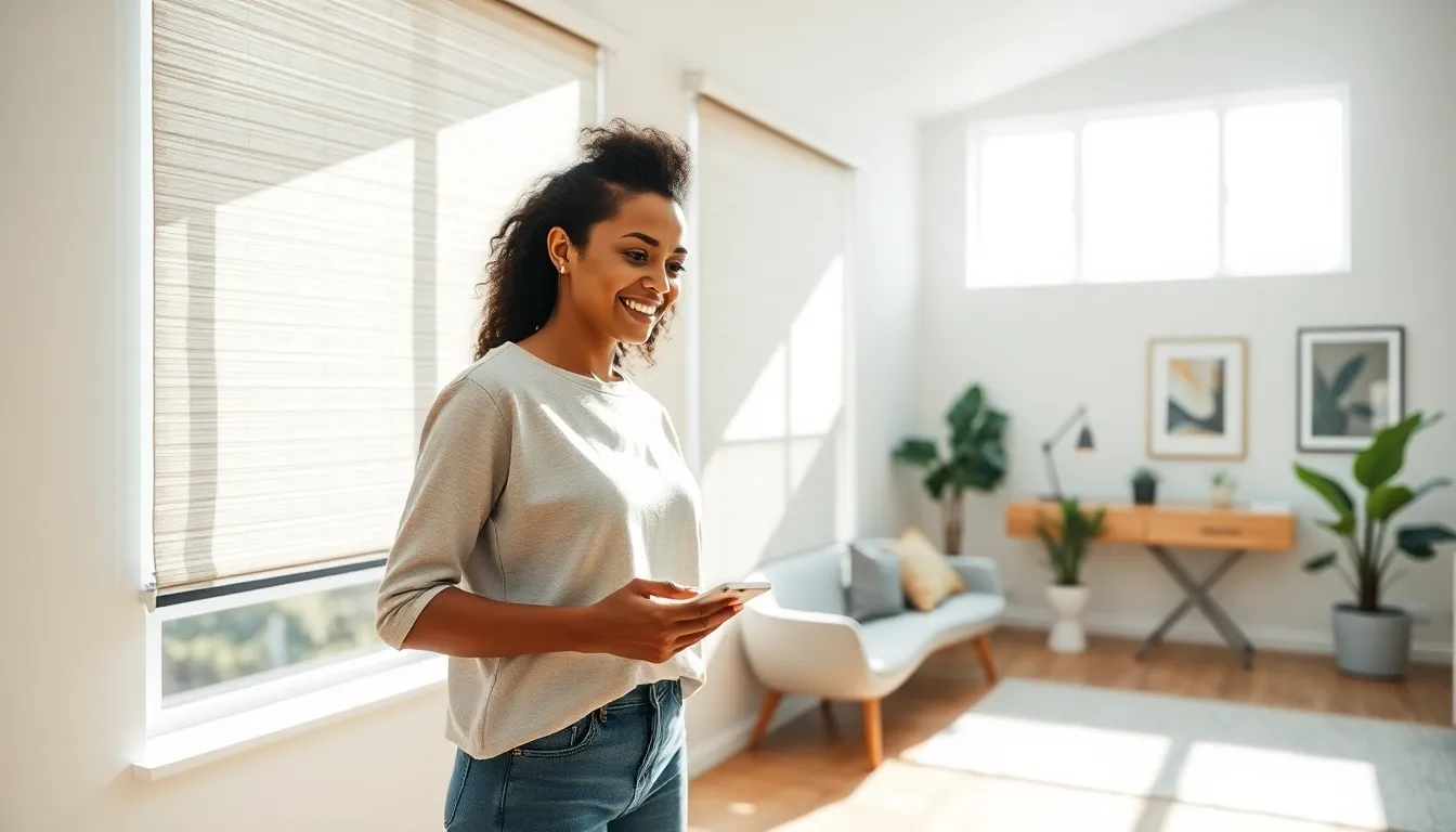 a woman adjusting smart blinds in a modern living room with sunlight streaming in.