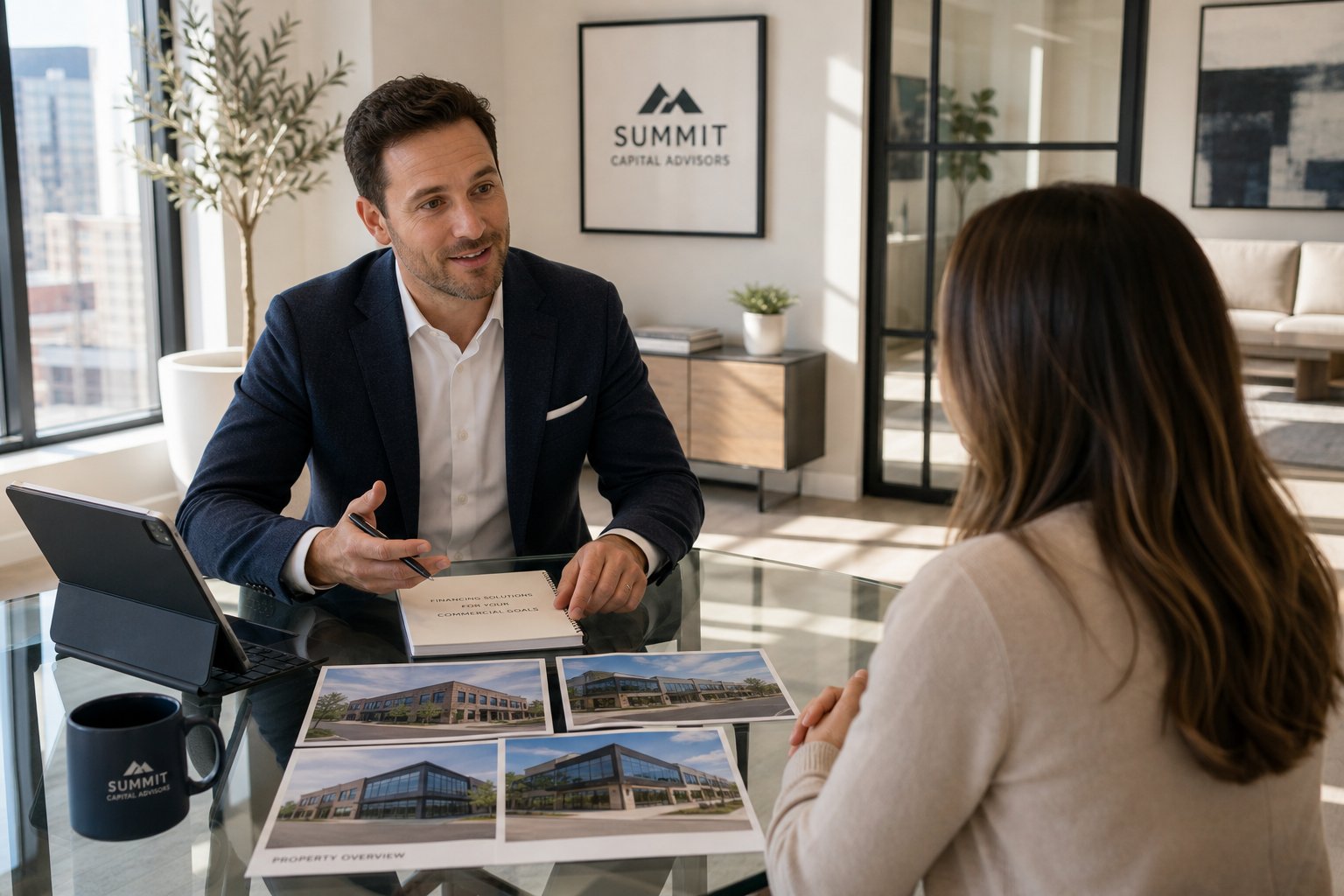Commercial mortgage advisor and client meeting in a renovated office suite with property photos and a tablet on a glass table.