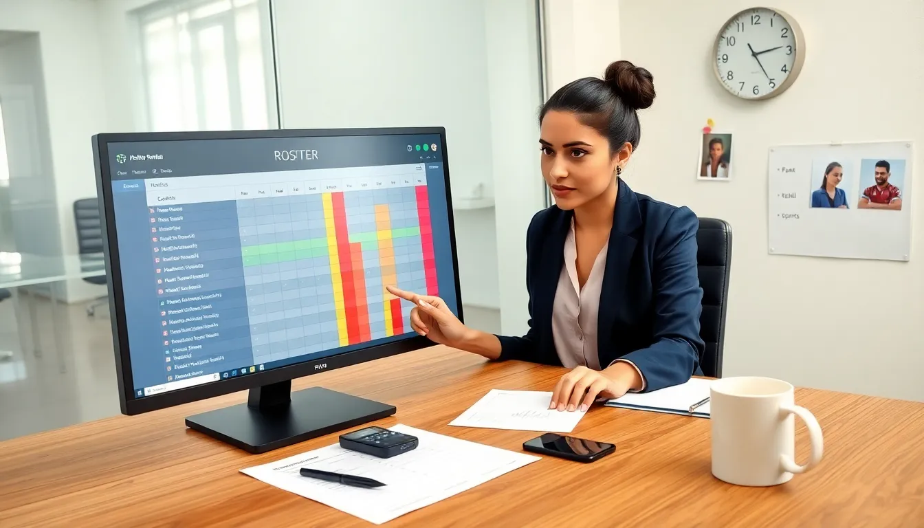 Manager reviewing a colorful digital staff roster on a monitor in an office.